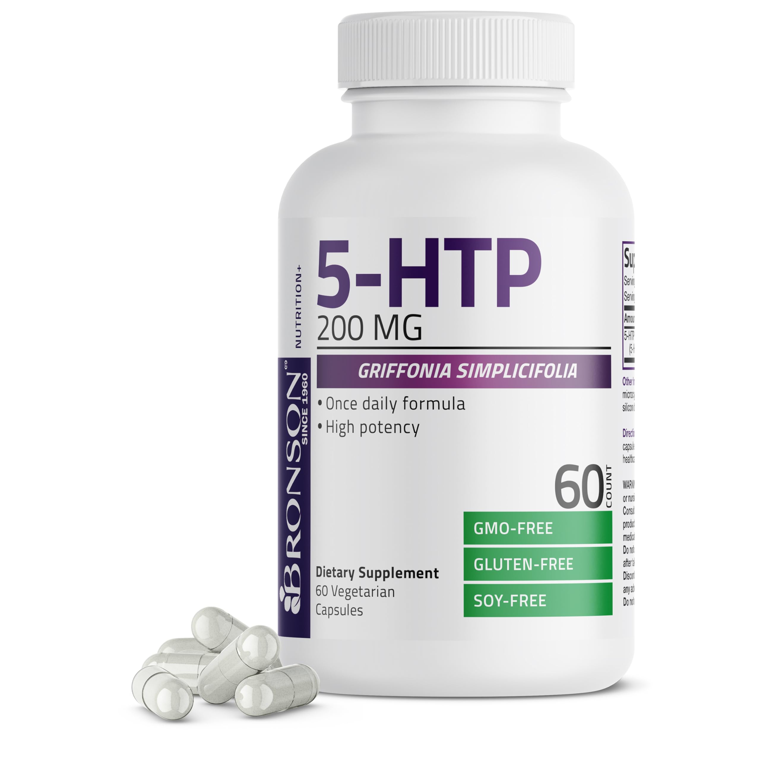 Bronson 5-HTP 200mg (5-hydroxytryptophan) Griffonia Simplicifolia Non-GMO, 60 Vegetarian Capsules 60 Count (Pack of 1)