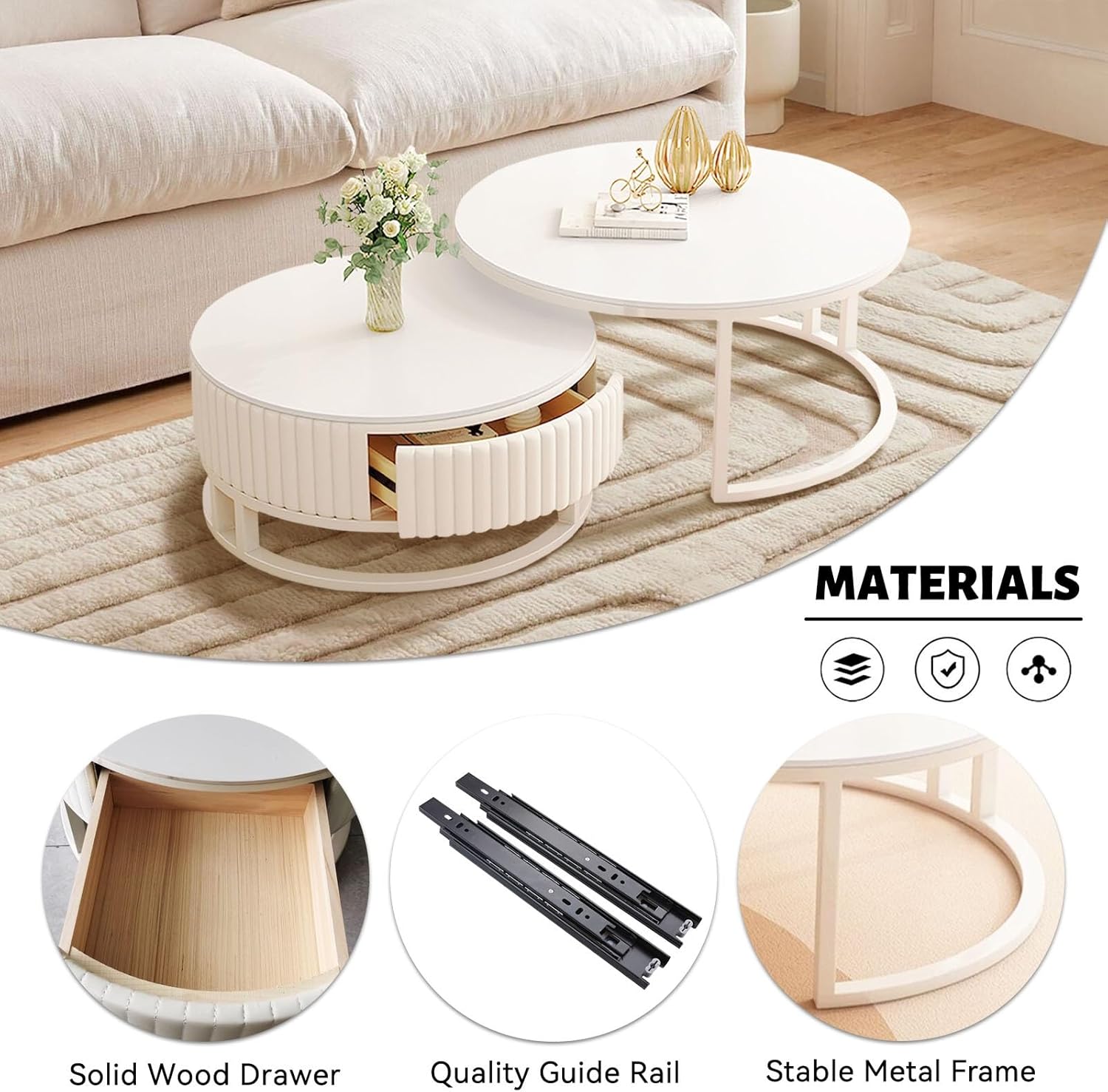 Round Coffee Table with Storage White Nesting Coffee Table Set of 2 Mid Century Modern Circle Coffee Tables Living Room with Marble Desktop for Home Living Room Reception Room Office