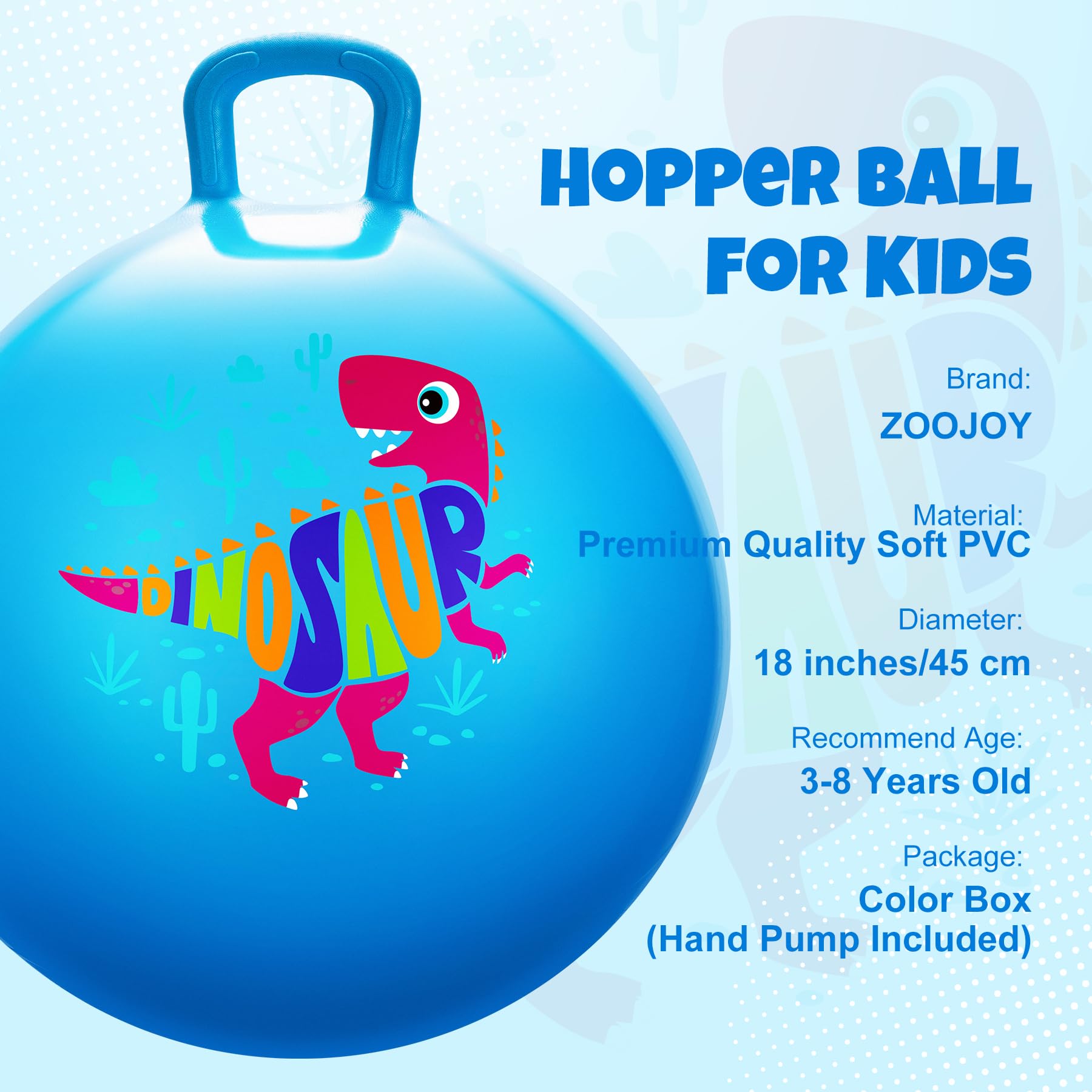 ZOOJOY Dinosaur Hopper Ball, 18 Inch Bouncy Ball with Handle for Kids Aged 3-8, Inflatable Jumping Toys for Boys Girls, Blue Hopping Toys with Pump