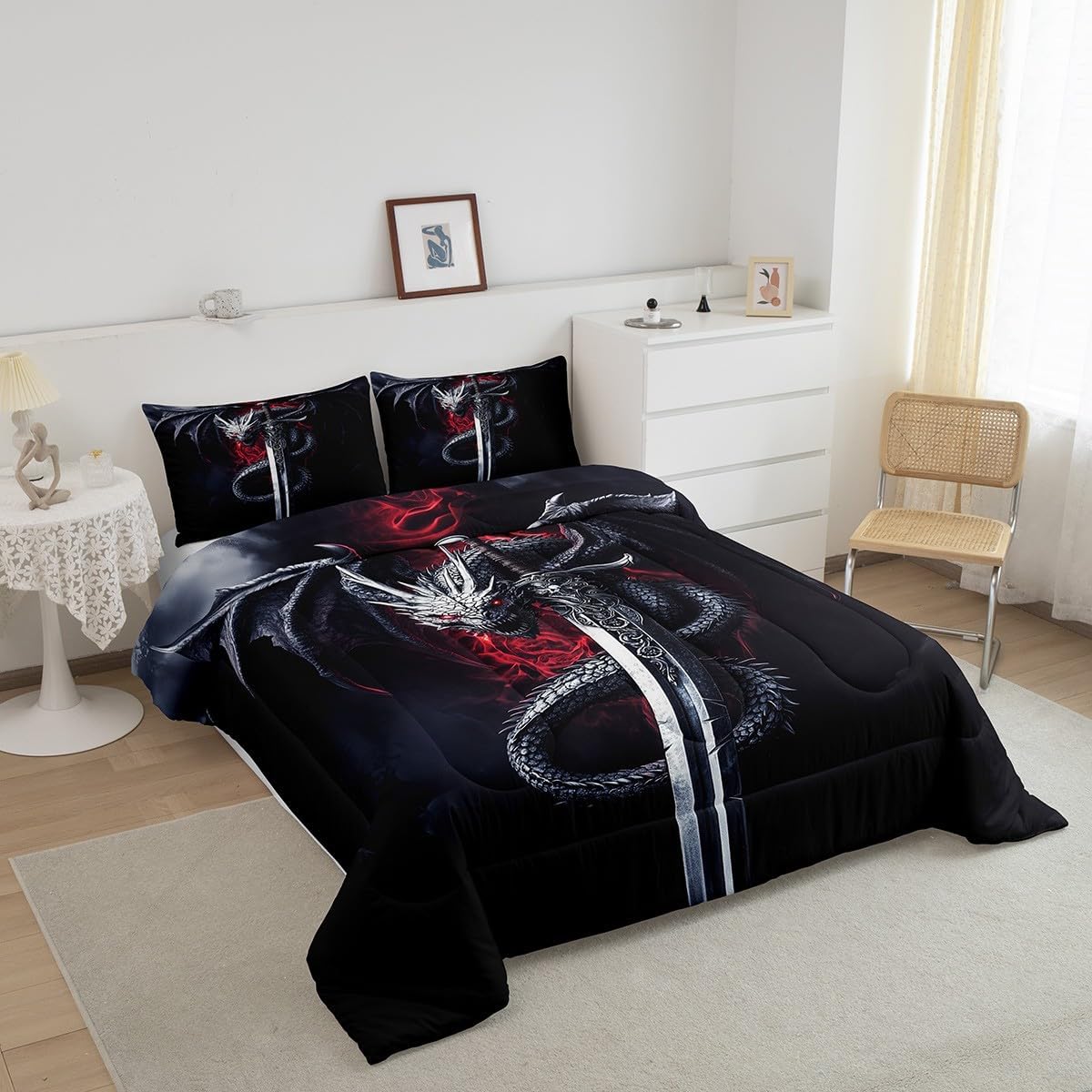 Castle Fairy Black Dragon Bedding Set Full Size,Dragon Sword Comforter Set 3Pcs for Kids Girls Boys Teens Room Decor,Western Magical Animals Quilt Set Ultra Soft Dark Red Duvet Insert,2 Pillowcases