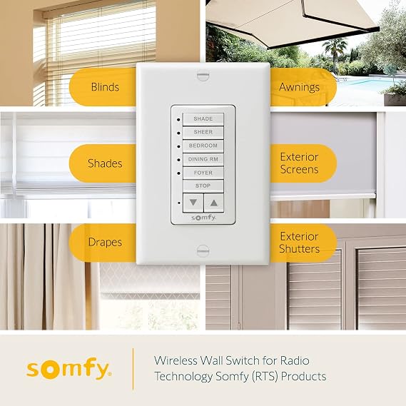 Somfy DecoFlex Wirefree RTS Wall Switch - 5 Channel - Pure White Tone - Control RTS Shades, Blinds, Curtains - Battery Pre-Installed, Button Labels, Mount Included - #1810813