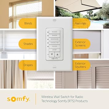 Somfy DecoFlex Wirefree RTS Wall Switch - 5 Channel - Pure White Tone - Control RTS Shades, Blinds, Curtains - Battery Pre-Installed, Button Labels, Mount Included - #1810813