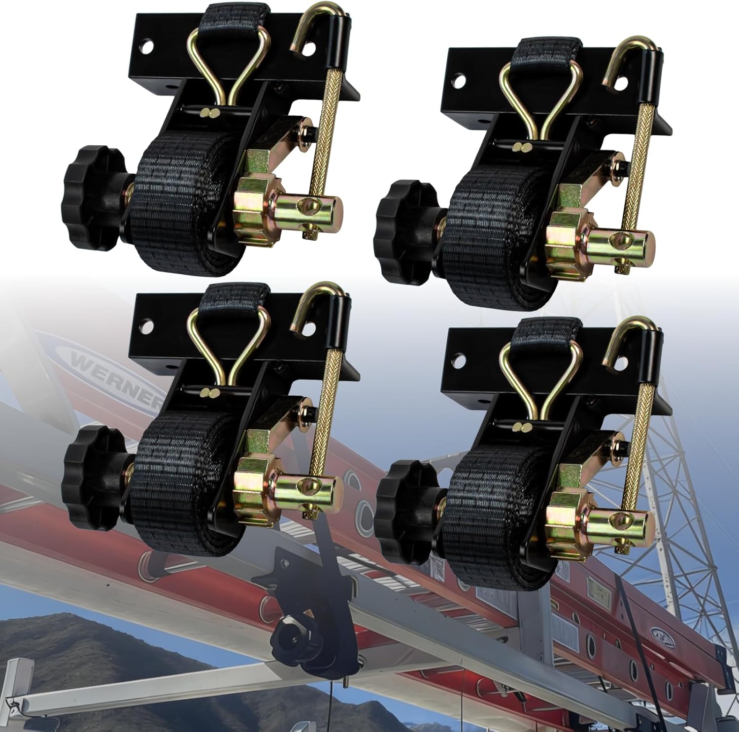Ratchet Straps for Ladder Rack - 1.4" Black Square Tube Mount with Double J-Hook (4 Pack) - 1.5" x 7.5' Heavy Duty Tie Down Straps,500 lbs Capacity for Roof Rack,Truck,Cargo Security