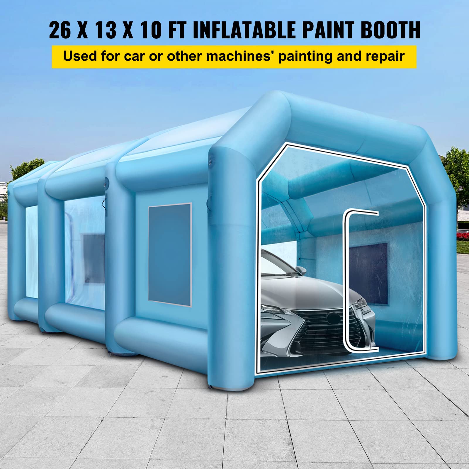VEVOR Cabine de Peinture Gonflable, 8x4x3 m, Tente Peinture Gonflable Automobile en Tissu Oxford 210 D, avec 2 souffleurs puissants et système de Filtre à air, Station de Travail pour Garage, Atelier