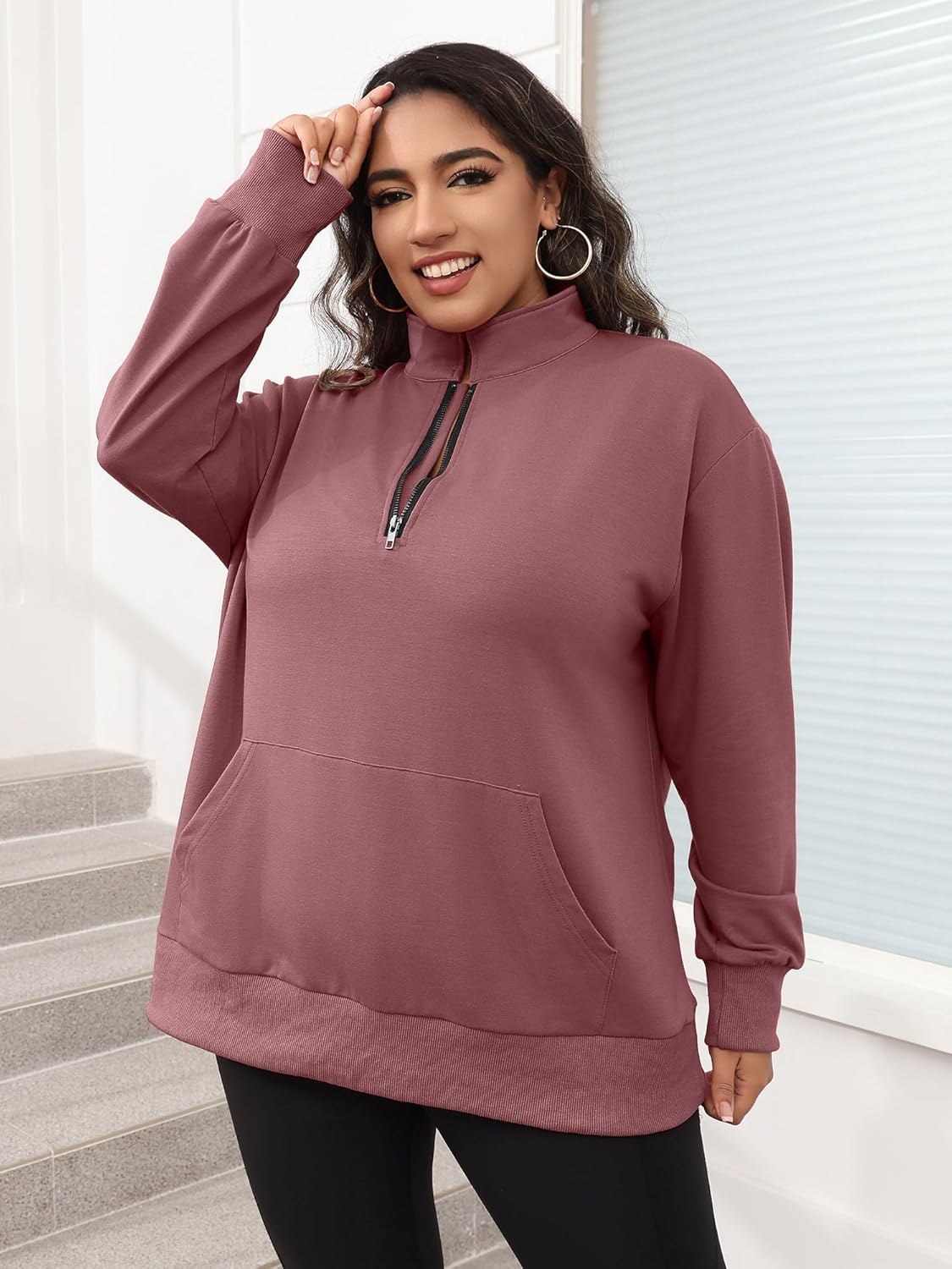TAKEYAL Plus Size Sweatshirts for Women Pockets Half Zip Pullover Long Sleeve Oversized Drop Shoulder Y2K Clothes - Image 3