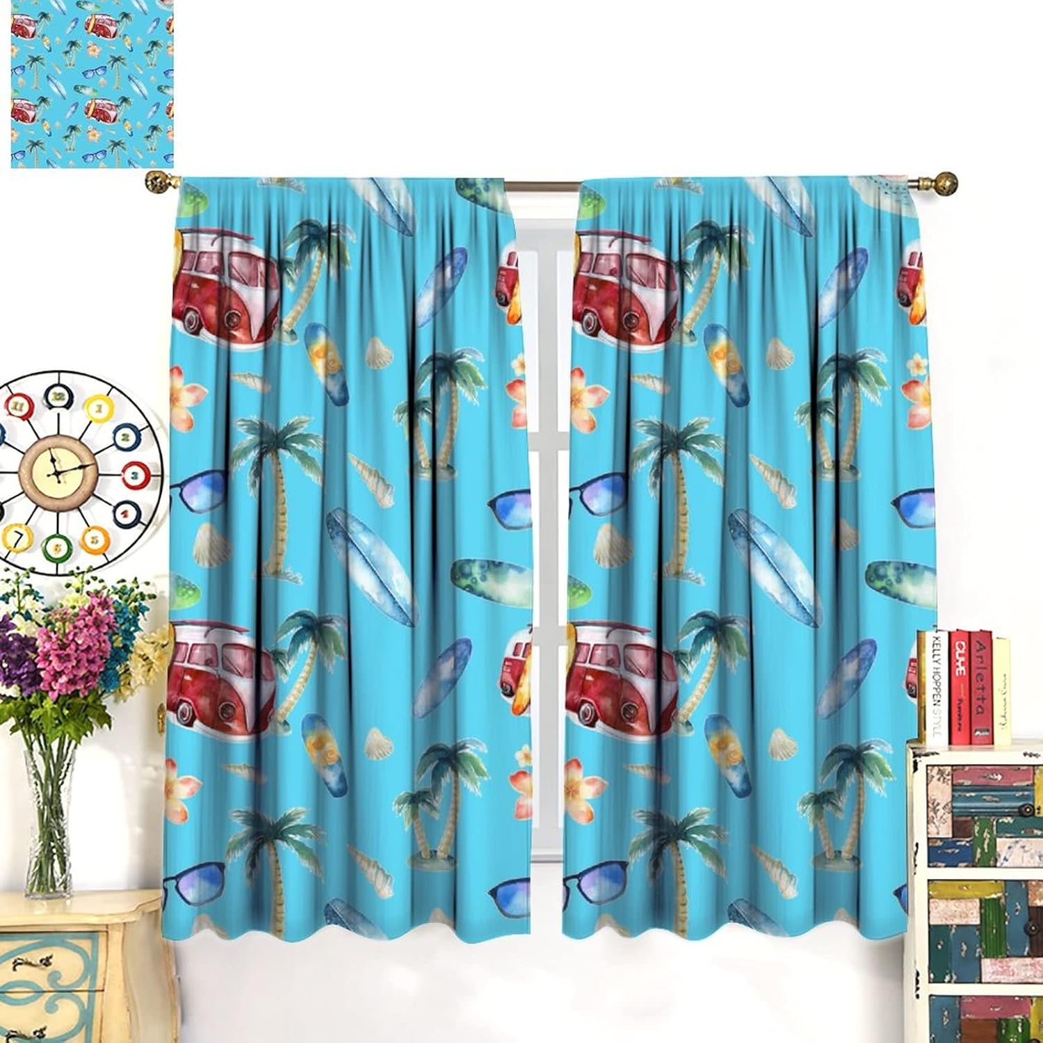 Retro Summer Ocean Beach Blackout Curtains,Watercolor Coconut Tree Surfboard Camper Theme Window Curtains Rod Pocket Thermal Insulated Room Darkening Blackout Curtains 2 Panels 63L x 27.5W