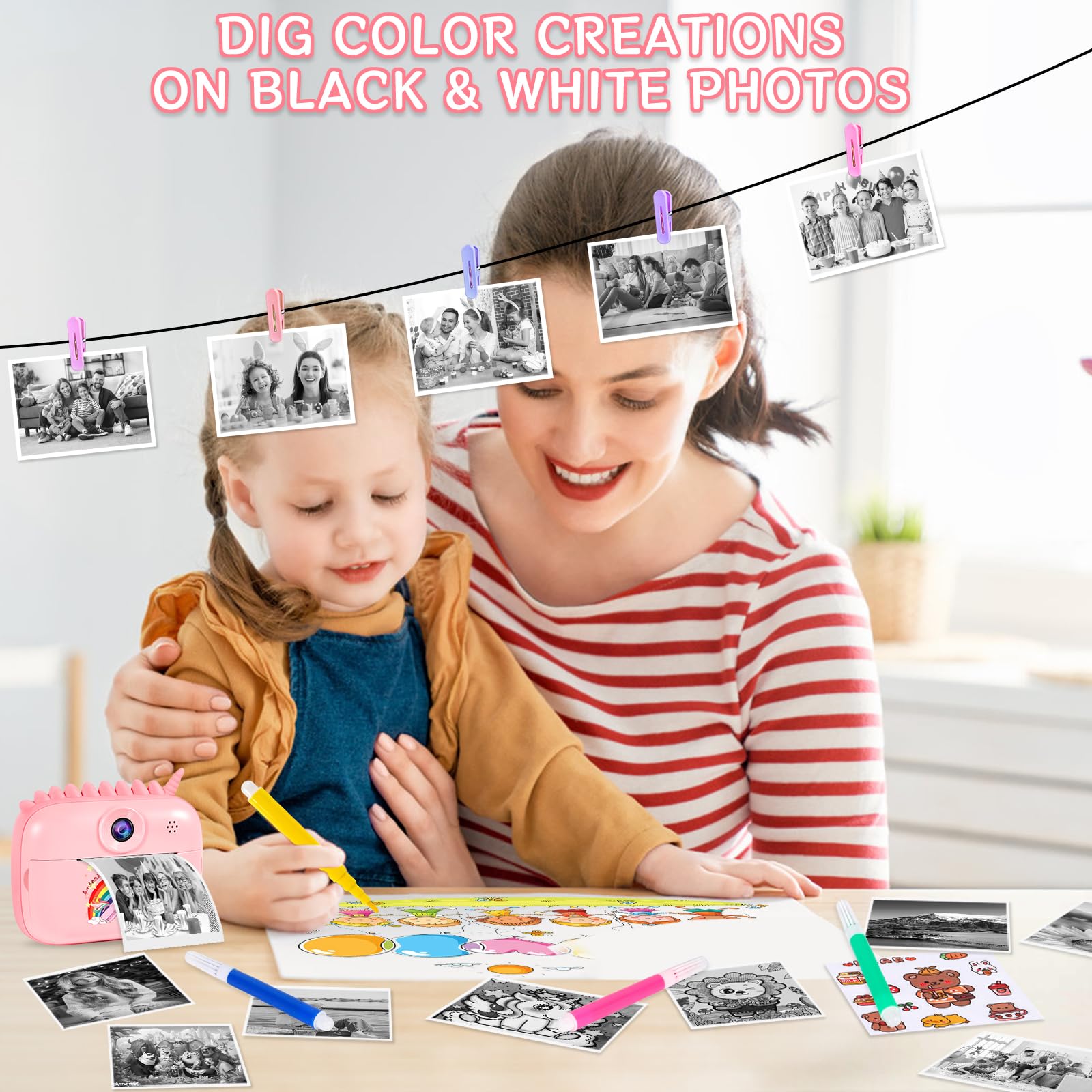 Fotocamera per bambini, 48 MP, schermo da 2,4 pollici, fotocamera istantanea con scheda 32 G, carta da stampa e penne colorate, video HD 1080P, regalo per bambini 3-12 anni