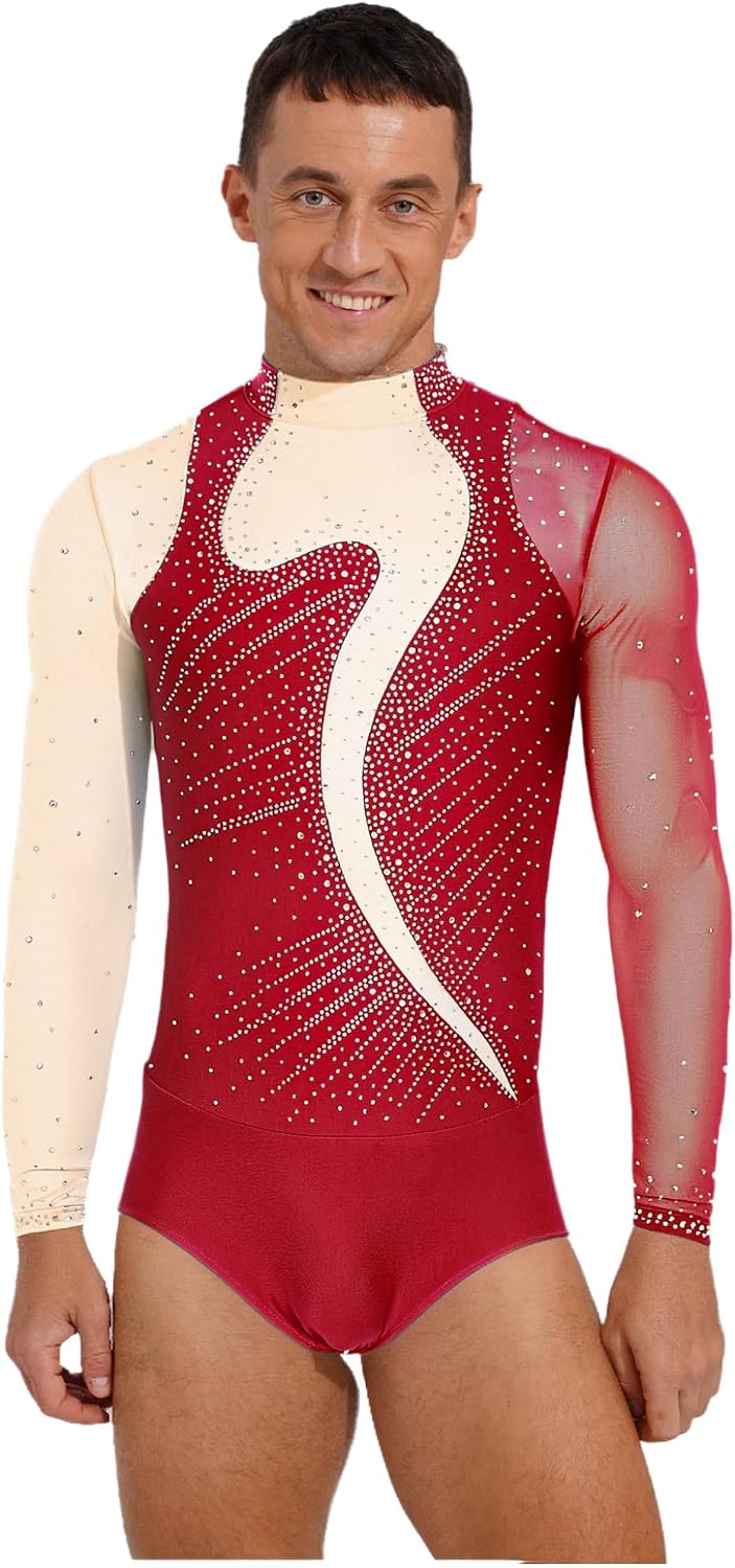 XUNZOO Figure Skating Costume for Men Long Sleeves Shiny Rhinestones Ice Skating Leotard for Competitions