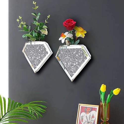 Florero colgante de diamante triturado y contenedor con espejo de decoración geométrica, juego de 2 jarrones decorativos en forma de diamante de