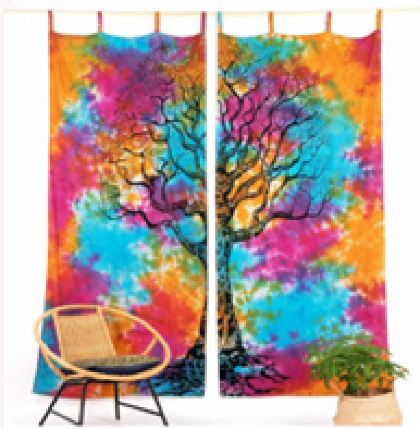 Boho Vorhänge, Gardine mit Schlaufen, handbedruckter Lebensbaum, batik
