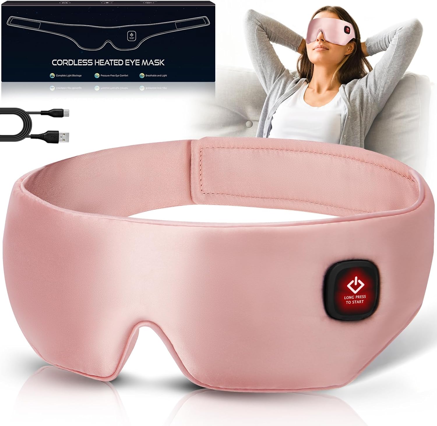 Silk Cordless Heated Eye Mask, Washable Sleep Mask Warm Compress, Soft Pressure-Free Shade Blindfold, Electric Heating Pad for Blepharitis Sinus Stye, Gifts for Men Women (Pink)