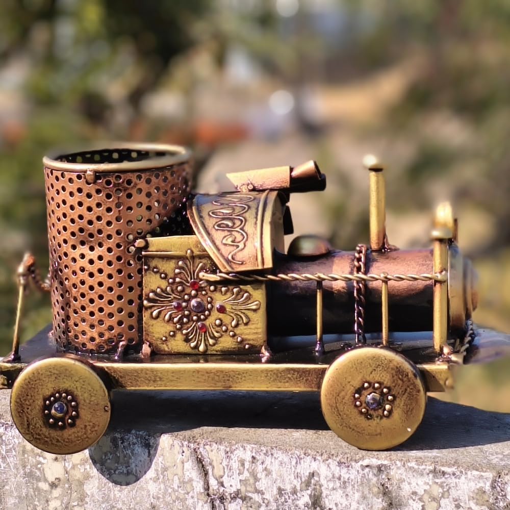 Engine Pen Stand/pencil holder/Antique Metal Pen Holder/Vintage Desk Organiser/Showpiece/Home decor/Office Decor/Gift Items/Self decor Pack Of 1 Rustic Gold Brown 20 * 12 * 12 cm