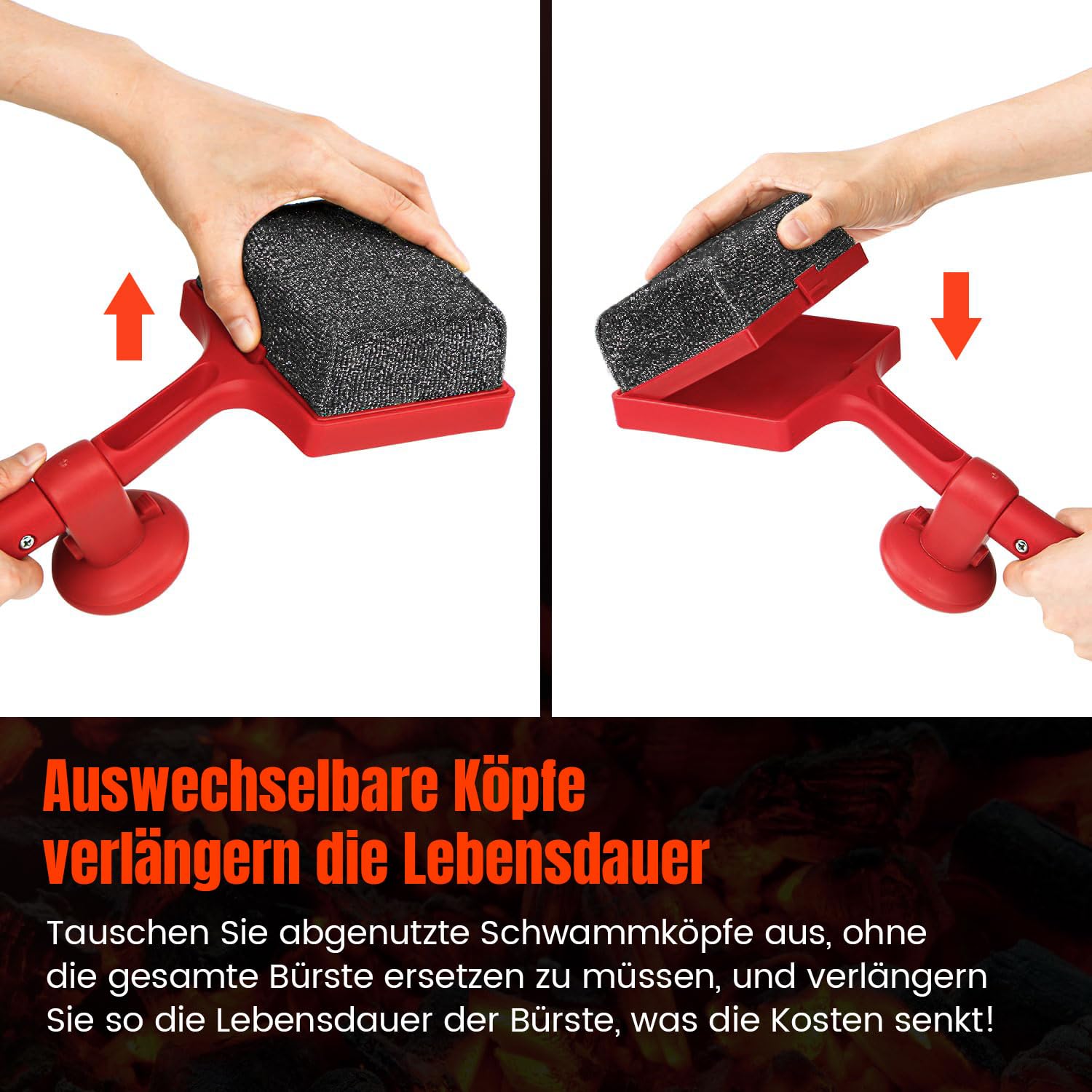 Grillbürste ohne Metallborsten, ANJUKE 4-in-1 Sichere Dampf-Grillbürste für Gussrost mit Edelstahl Spatel und Austauschbar Grillbürstenkopf, für Gasgrill, Holzkohlegrill, Kugelgrill（Rot）