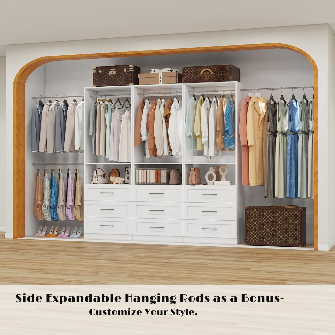 Dilando Closet System with Drawers, 6FT Wood Closet Organizer System 24" Walk-in Closet Corner Small Freestanding Closets Storage Clothes Rack with Hanging Rods White (6FT)