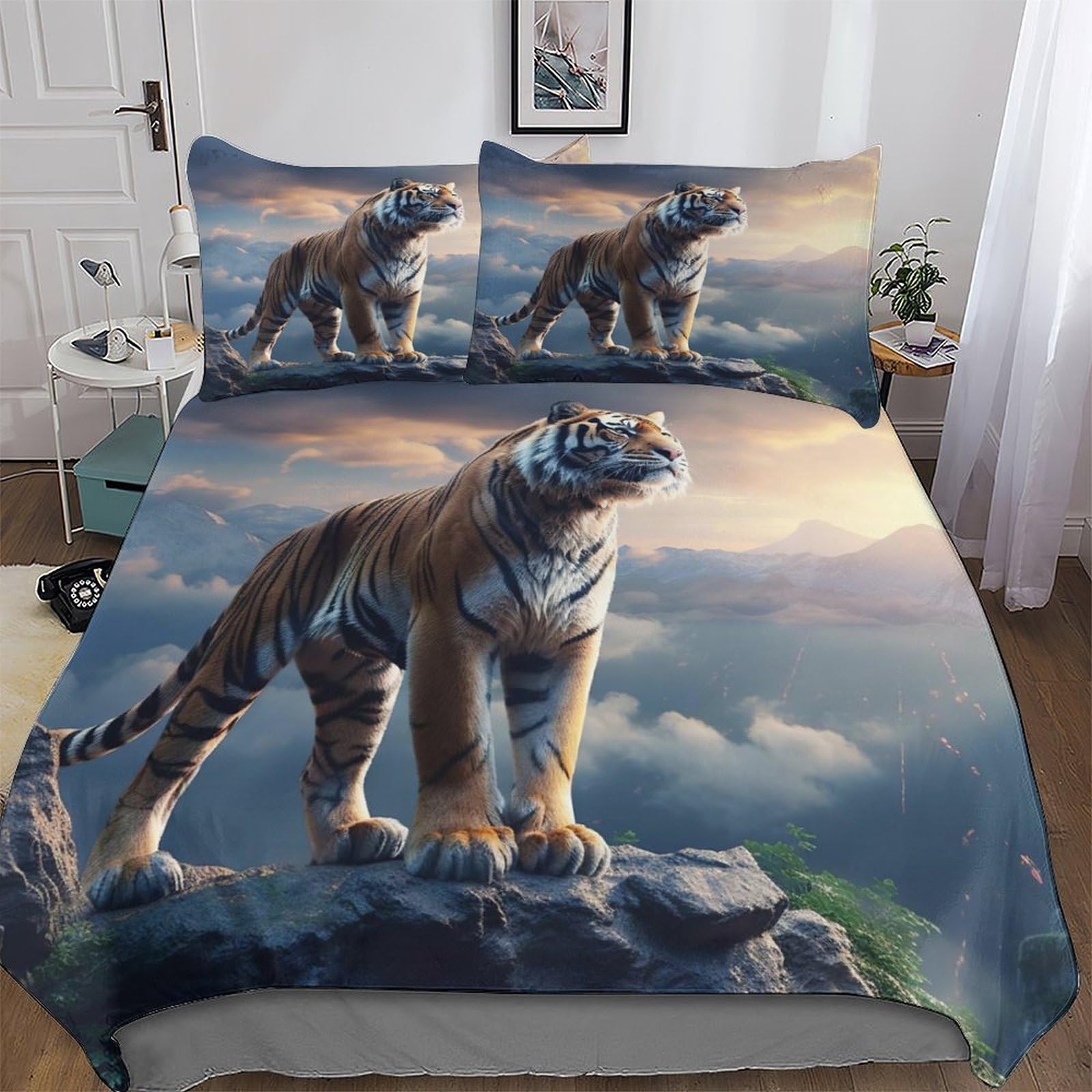Housse de couette tigre 3D King 220x240 cm en microfibre avec taies d'oreiller