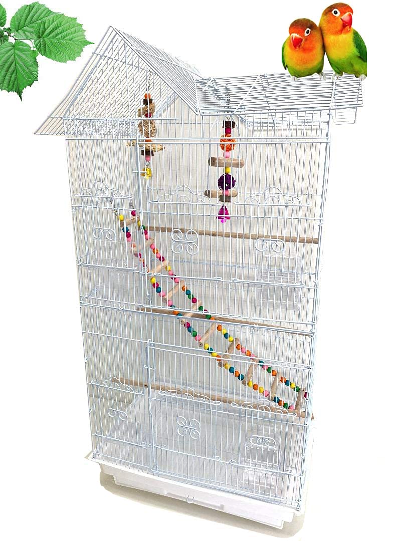 37-Inch Portable Hanging Medium Flight Bird Cage for Cockatiel Sun Quaker Parakeet Green Cheek Conure Parrotlet Finch Canary Budgie Lovebird Small Parrot Travel Bird Cage (White with Toy)
