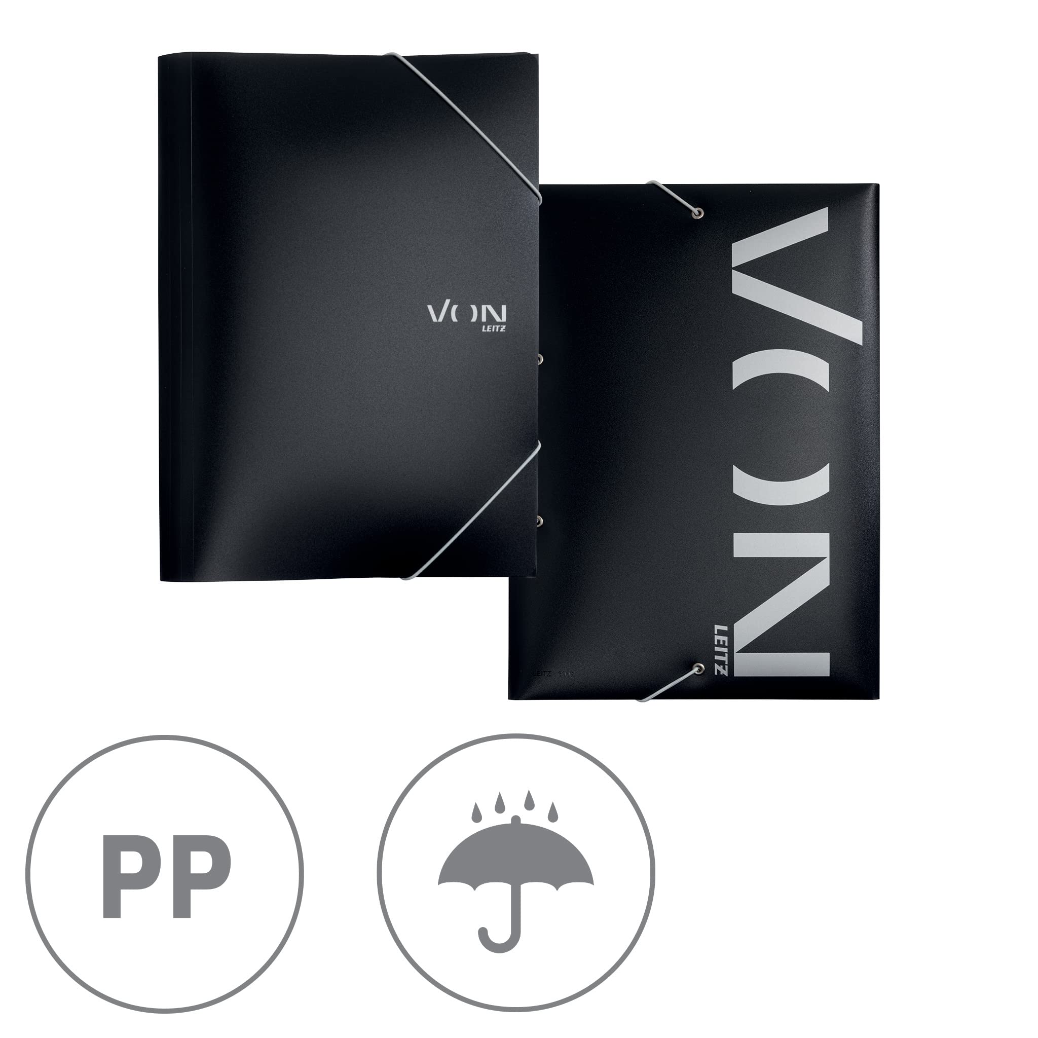 VON Leitz 30071099 Pack of 5 A4 Folder with Elastic Closure, PP Folder, for 150 Sheets, Silver Print - Image 3