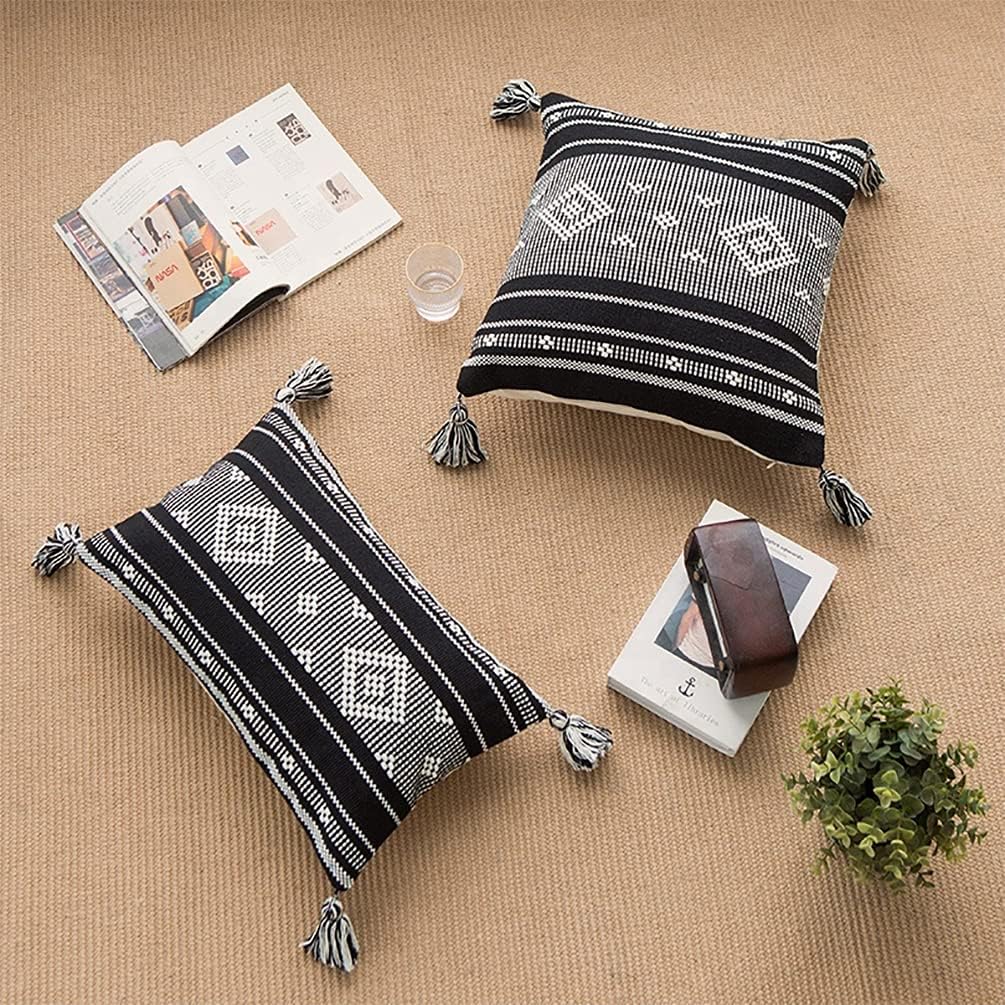Fennco Styles Diamond Woven Cotton Decorative Lumbar Throw Pillow Cover & Insert with Tassel 12" W x 20" L - Black Rectangular Cushion for Home, Couch, Bedroom, Living Room and Office Décor