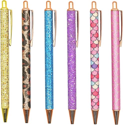 6 bolígrafos brillantes de lujo, bolígrafos de leopardo brillante con acabado de metal con purpurina, retráctil, tinta negra para mujeres, niñas,