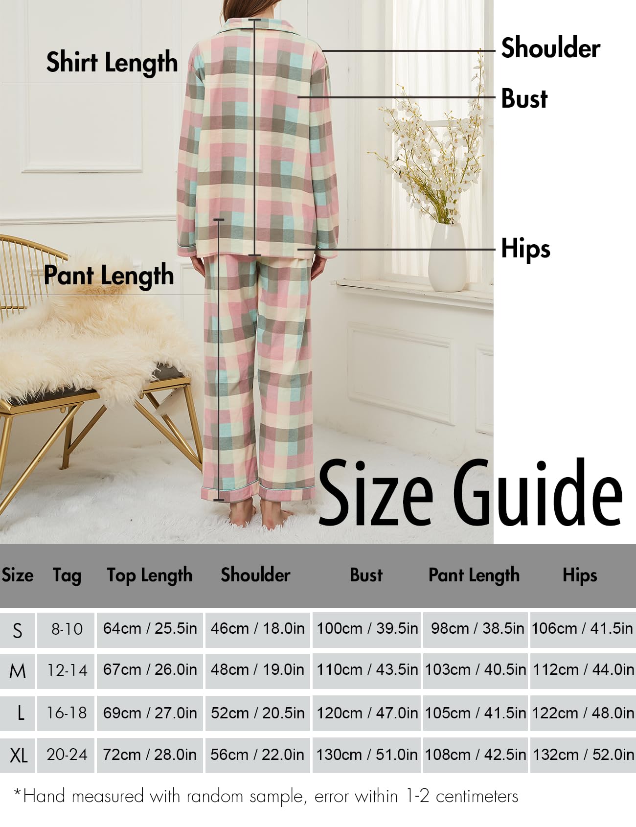CHUNG Ensemble de pyjama en coton brossé à manches longues et pantalon boutonné en flanelle pour femme, vêtements de nuit confortables et chauds, grande taille