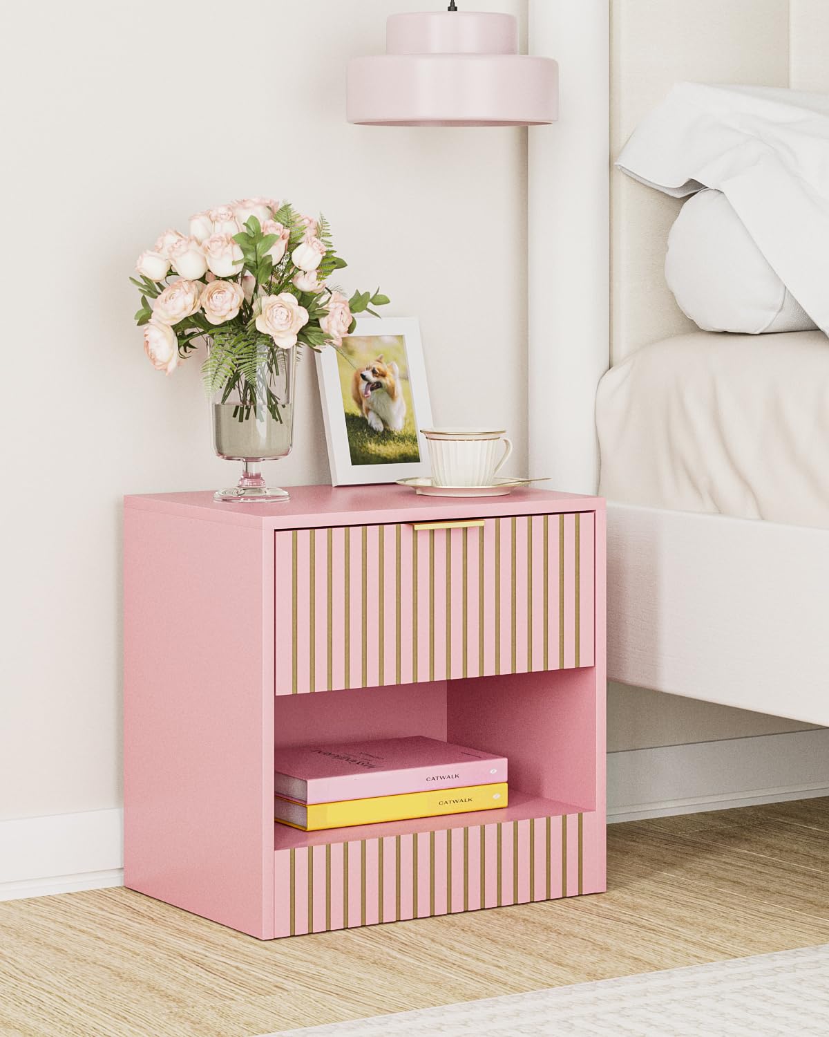 Apetaccat Small Bedside Table,41x28x39cm, Farmhouse Wooden Bedside Cabinet with Drawer,Kids Bedside Table Nightstand for Bedroom,Living Room,Office,Pink — image 1
