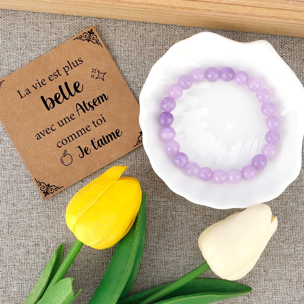 Bracelet Cadeau Pour ATSEM / Maîtresse - Perles D'Améthyste Naturelle - Carte "Merci" Incluse - Idée Fin D'Année Scolaire