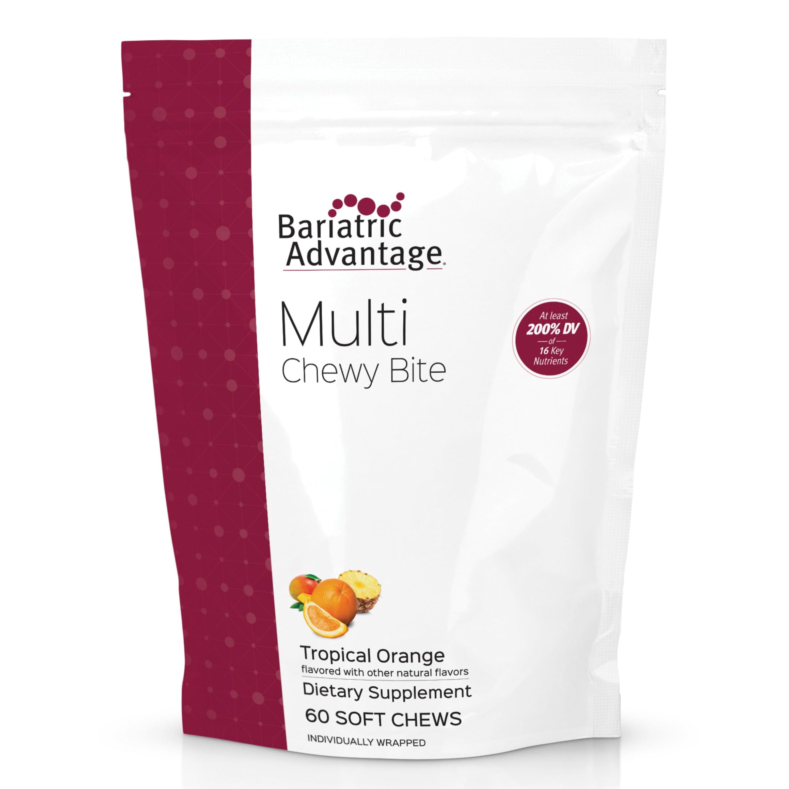 Bariatric Advantage Multi Chewy Bite - Soft Chew Multivitamin for Bariatric Surgery Patients - Chewable Multivitamin with Folic Acid, Vitamin D3 & More - Tropical Orange Flavor - 60 Count