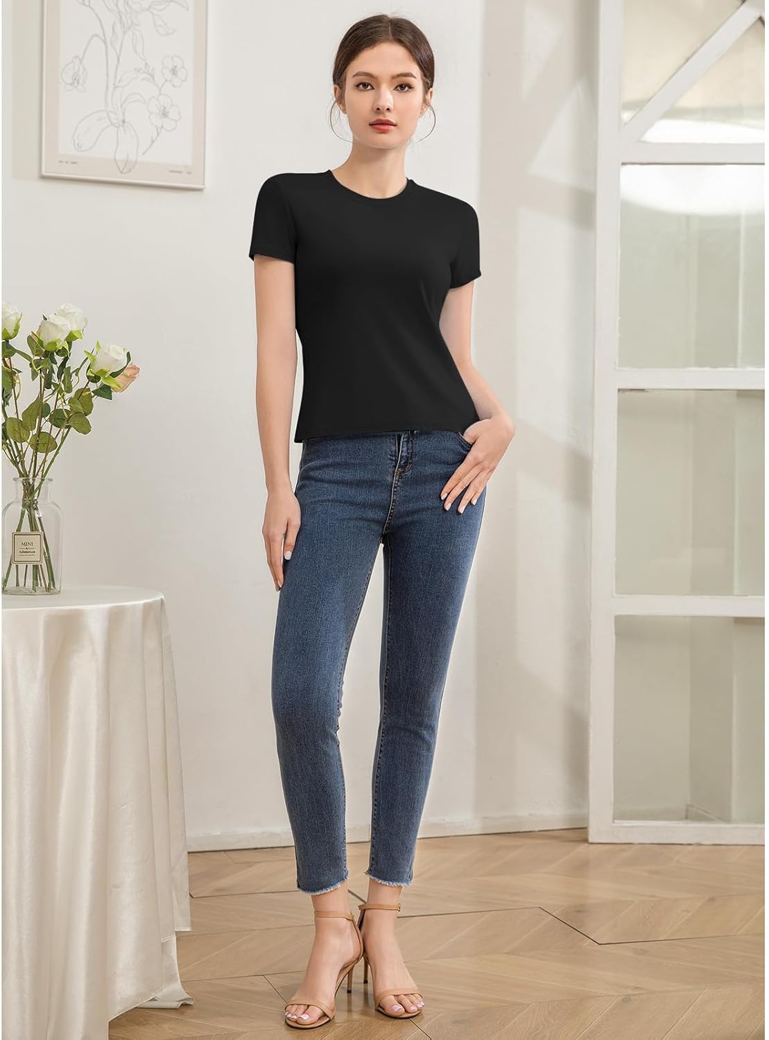 Cotton Short Sleeve T Shirts for Women Slim Fitted Basic Tees Cropped Tshirts Casual Plain Tight Petite Summer Tops - Image 8