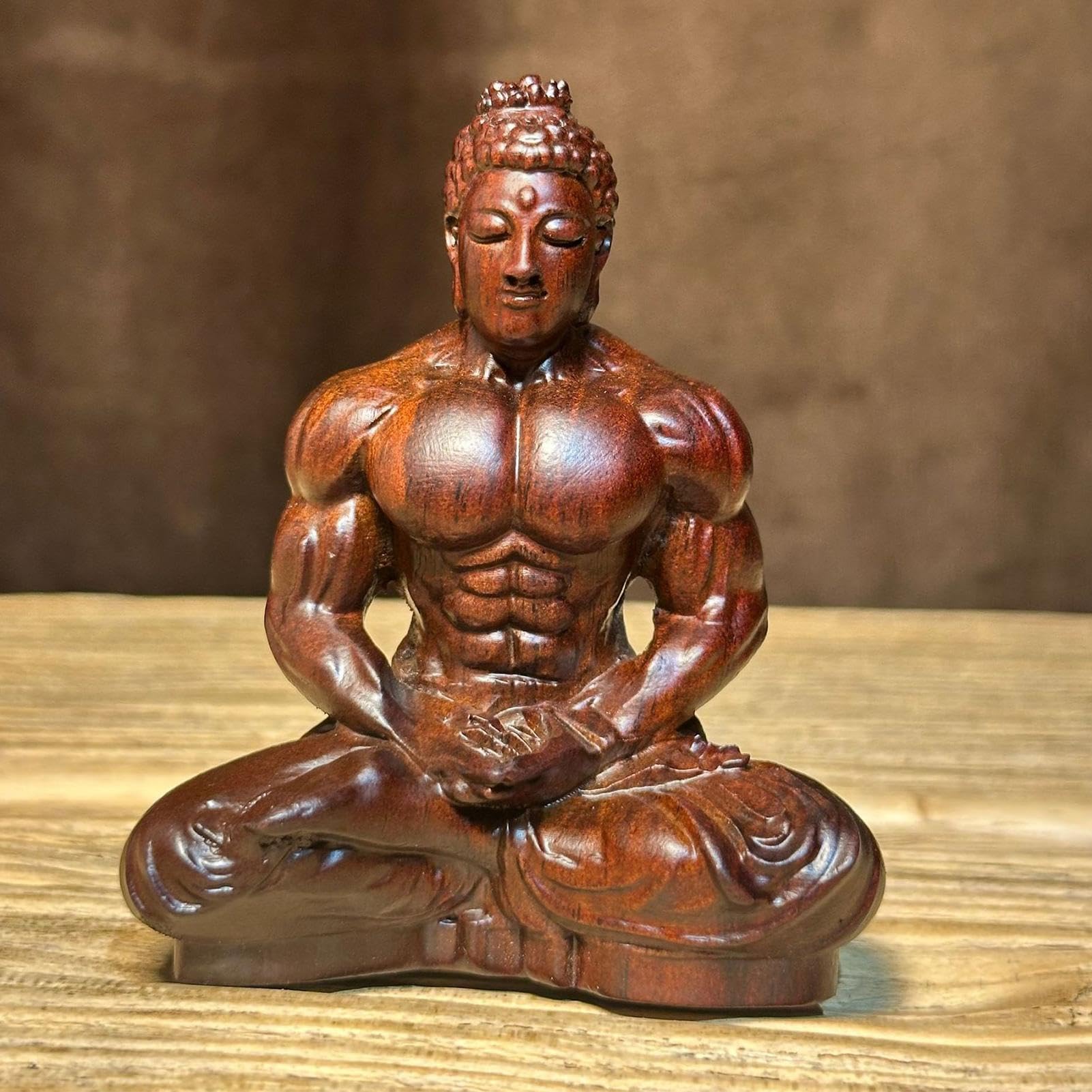 Figurine Bouddha Musculaire en Bois Sculpture de Table Décor