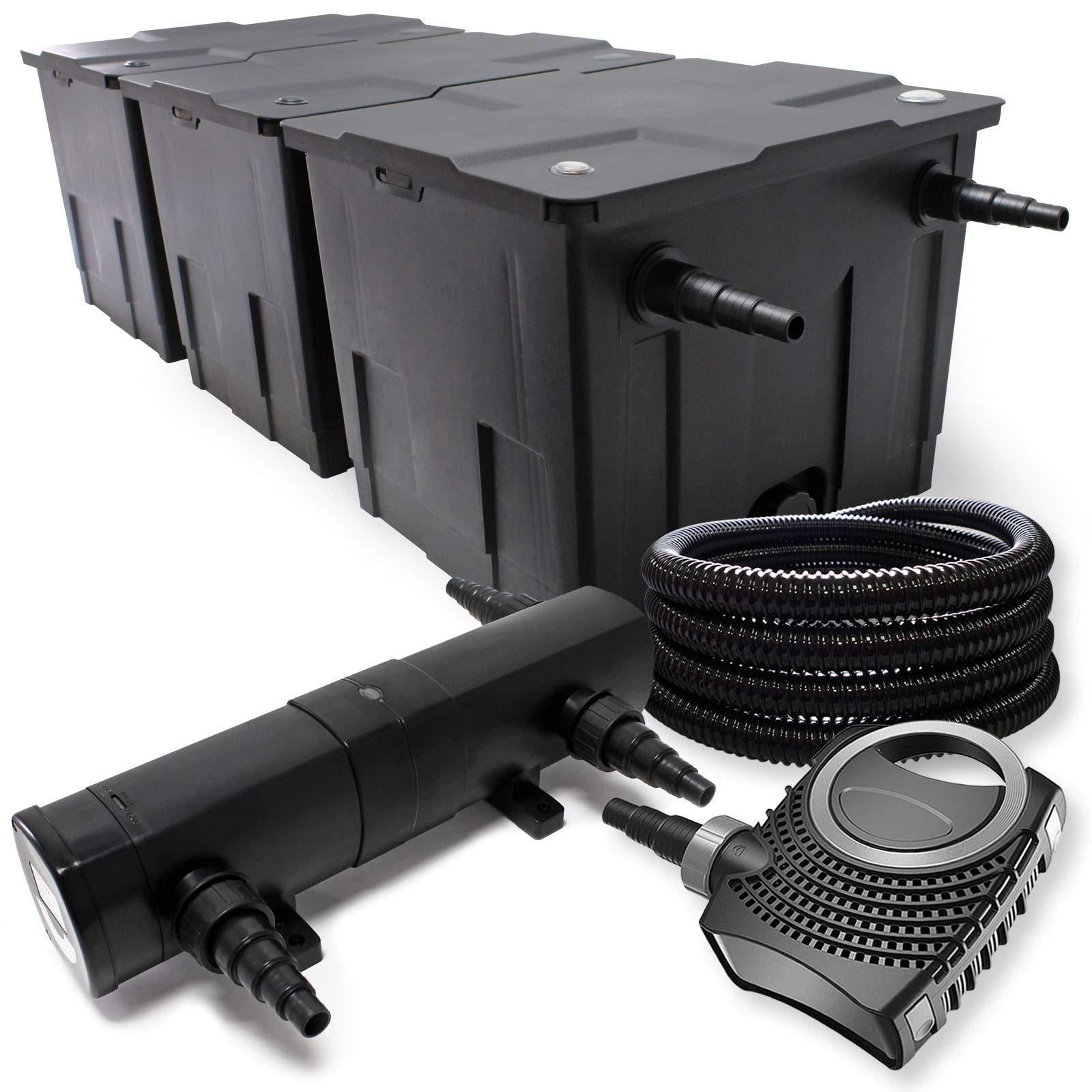 Wiltec Kit complet: CBF-350C Filtre de bassin jusqu'à 90000 L Biologique, NEO10000 SuperECO pompe de filtration 10000l/h 80W, CUV-218 lampe uv UVC Clarificateur avec 18W, 25m Tuyau 25 mm