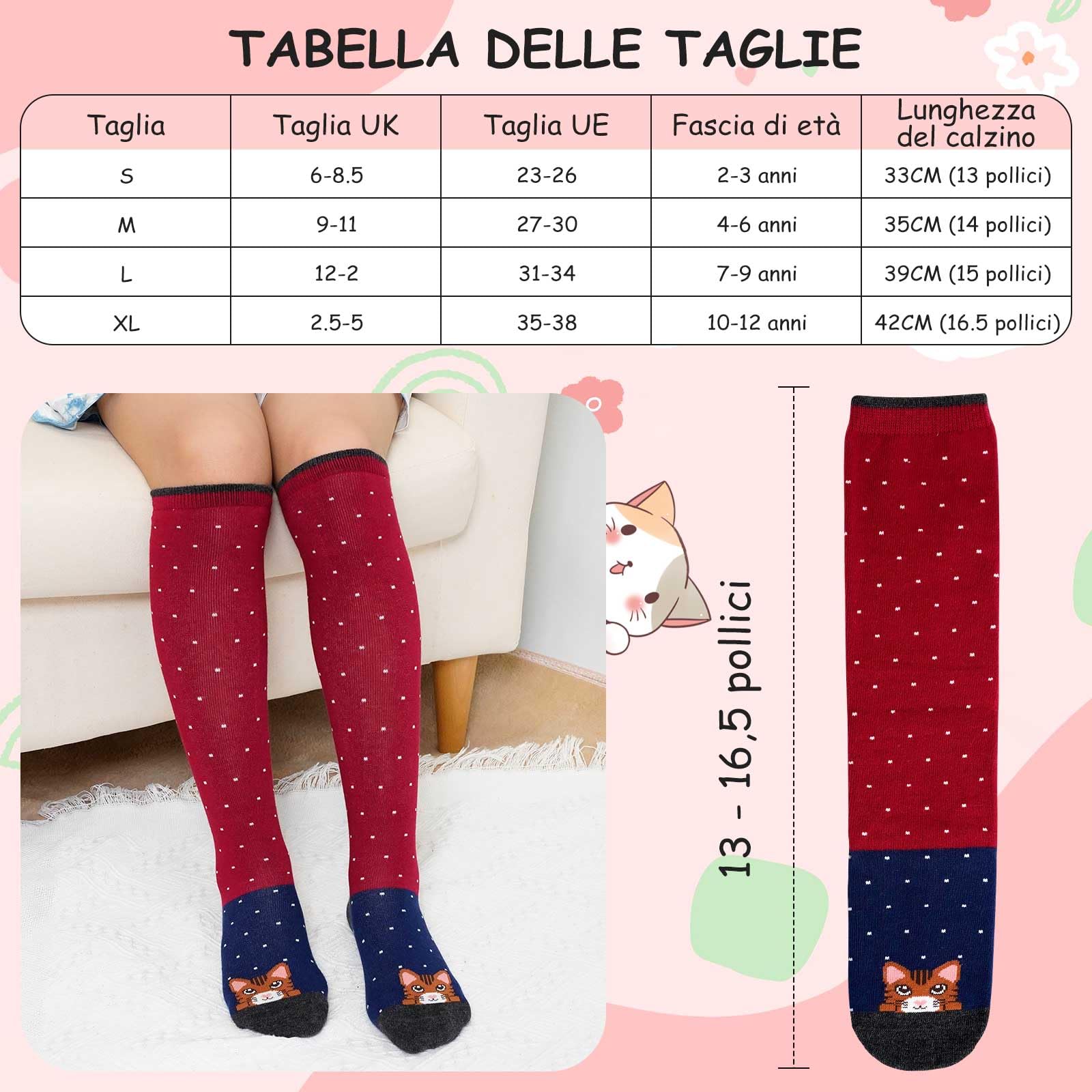 LOFIR Calzini Ginocchio Bambina Ragazze: Calze Lunghe Senza Cuciture in Cotone per Bimba - Calzettoni Gambaletto Invernali con Righe Divertenti Colorati Animali per Natale Regali 5 Paia 23-38