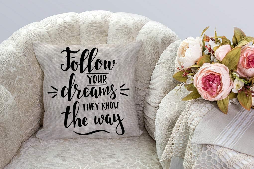 SSOIU Follow Your Dreams They Know the Way Inspirational Quote Decorative Throw Pillow Covers Cotton Linen Pillow Cases 18" x 18" for Home Decor image 2