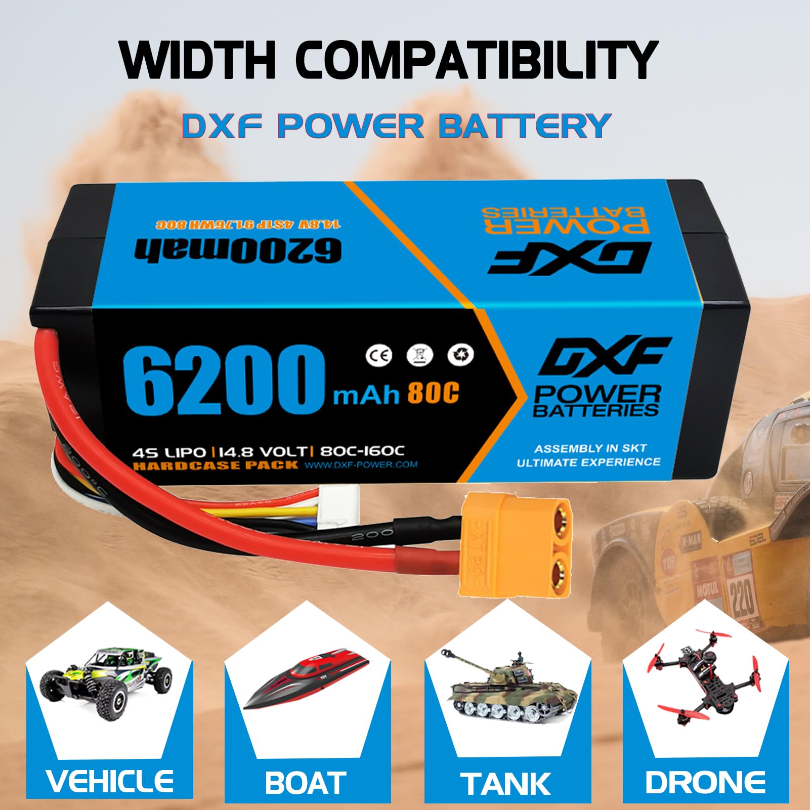 DXF 1 verpakking Lipo accupakketten, 4S Lipo 15.2V 9200mAh 130C voor RC- auto's & trucks 1/10 & 1/8 schaal, EC5 stekker, lipo 4s ideaal voor Emaxx, Bandit, Rustler, Axial, Tamiya, HPI Strada XB