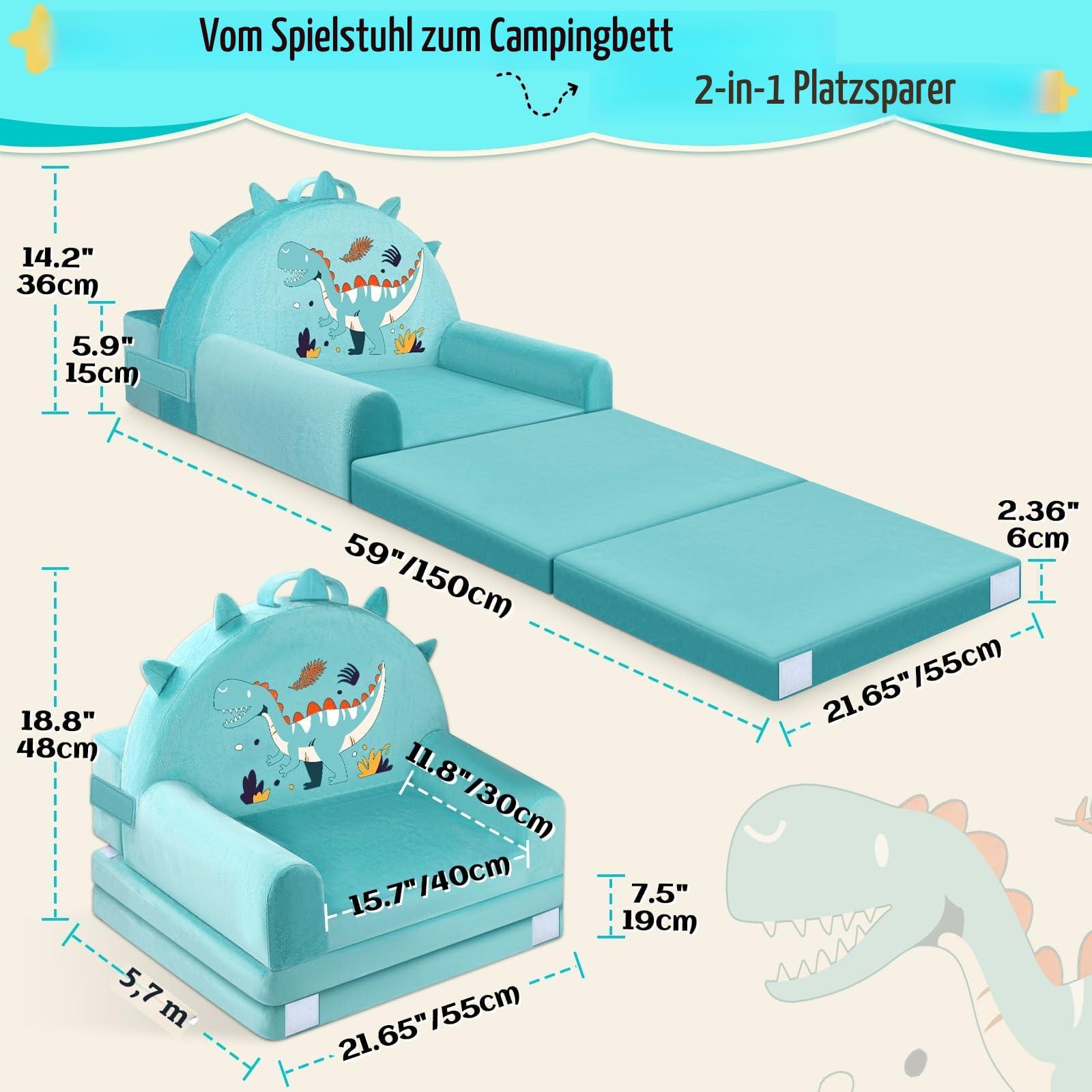 Dinosaurier Kindersofa, Aufklappen 2 in 1 Mini Couch, 150cm Wweiches Kristall Samt Kleinkinder Spielsofa für Schlafzimmer Wohnzimmer, Spielzimmer, Geburtstag Geschenk für Jungen Mädchen