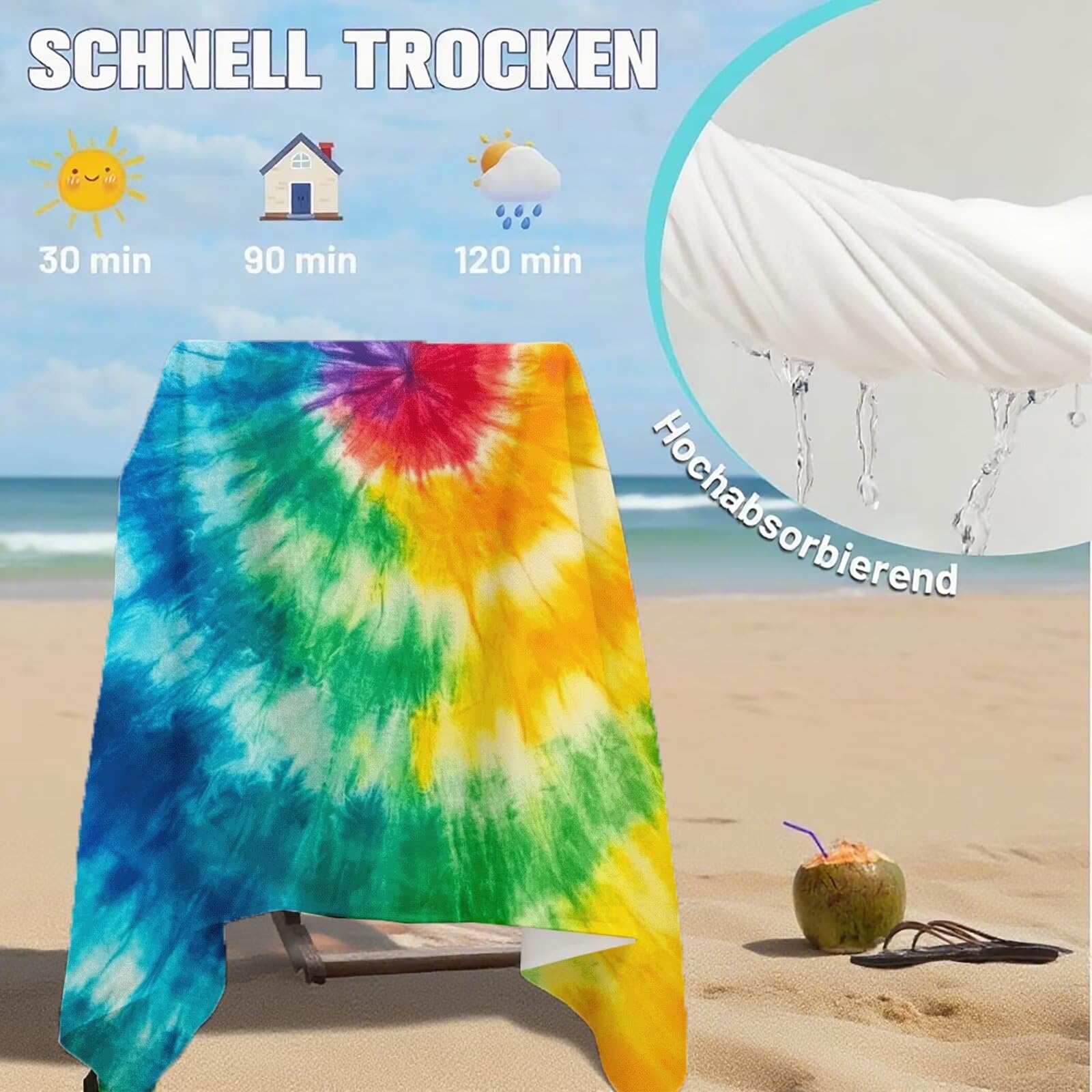 Serviette Plage Rêve Motif, Serviette de Plage XXL 100x180 avec Sac, Serviettes de Bain Microfibre Séchage Rapide Anti-Sable Absorbante Fonction pour Bain, Sport, Voyages, Sauna, Piscine Q-734