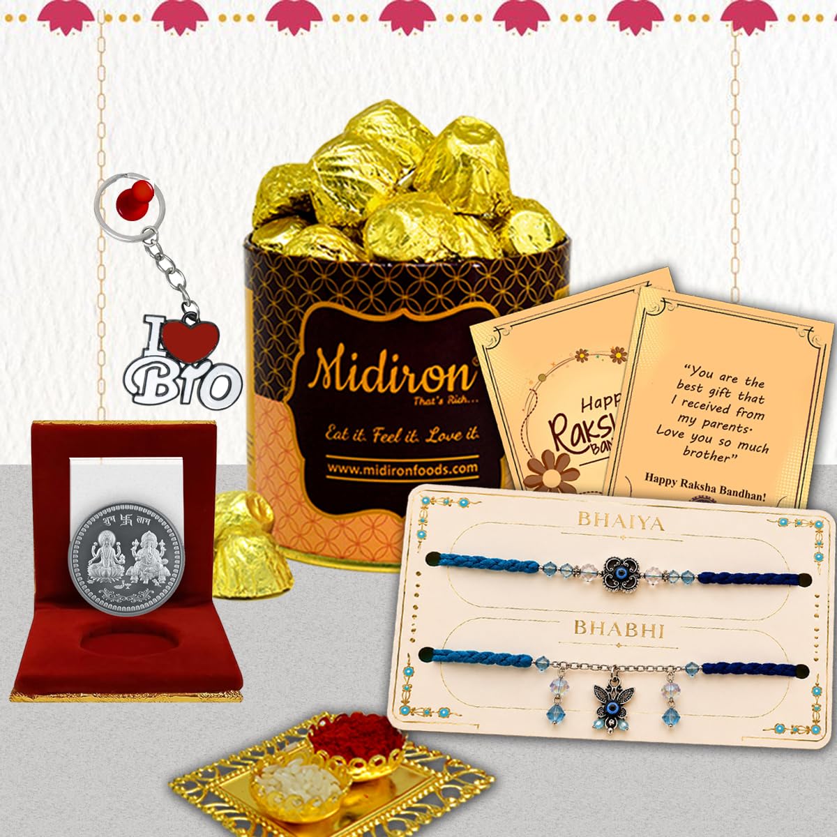Midiron Premium Lumba Rakhi Gift for Bhaiya Bhabhi with Chocolate Box, Bro Keychain, Silver Coin, Designer Couple Rakhi Set, Raksha Bandhan Celebration Hamper with Greeting Card and Roli Akshat-picture-30