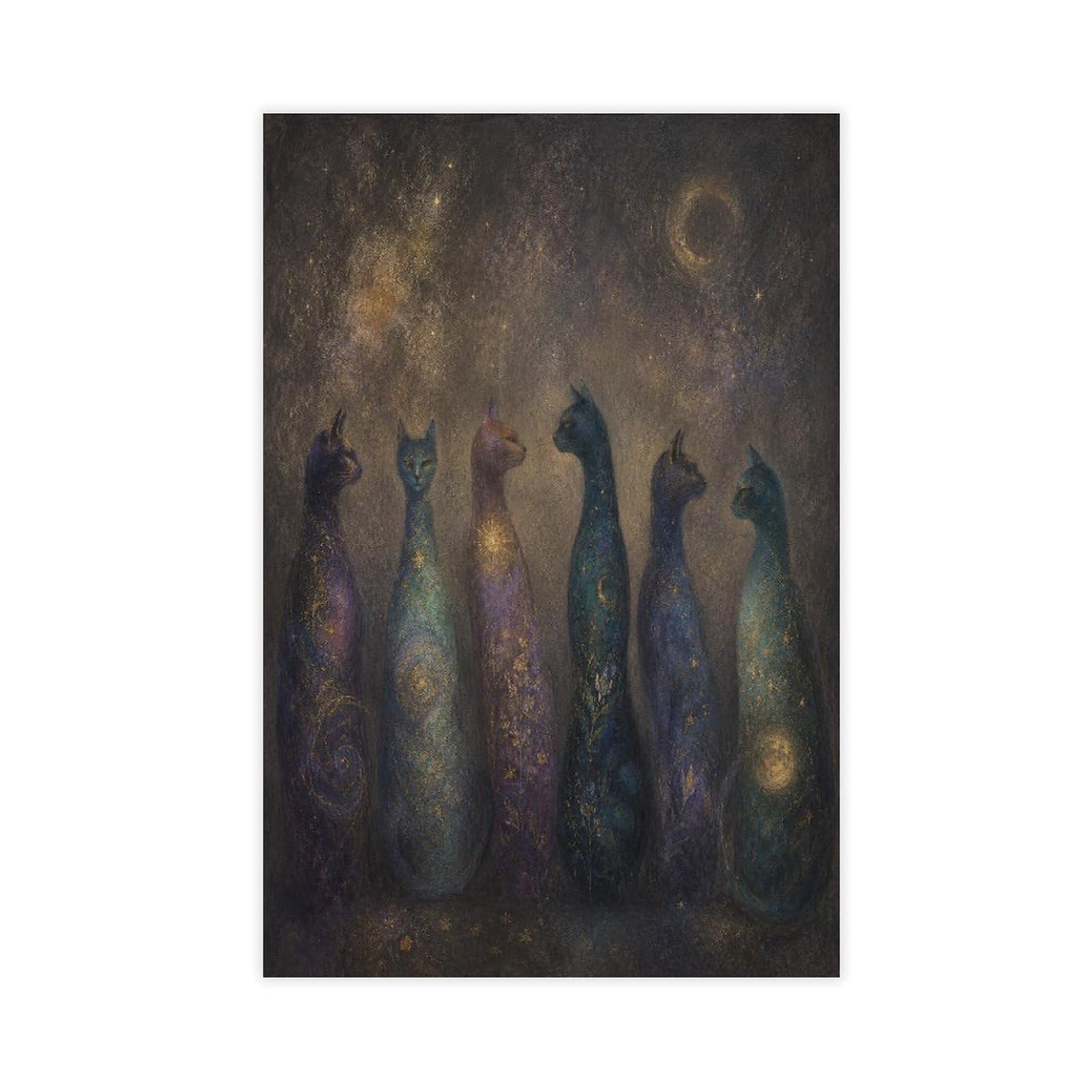 W7c8u2x3 Unframe-Style-9 Cat Spirits In Night Sky Canvas Wall Art, Moonlit Stage Surrealist