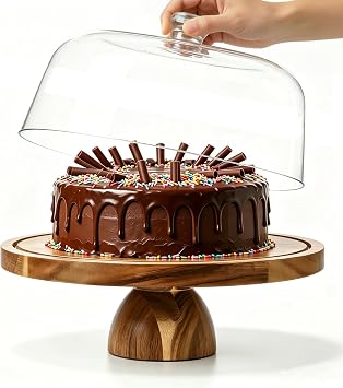 Acacia Wood Cake Stand with Acrylic Dome Lid,12 inch Round Dessert Table Display Set,2-In-1 Cake Plate with Cover, Charcuterie Board for Cheese, Chips & Dips, Nachos, Fruit Platter