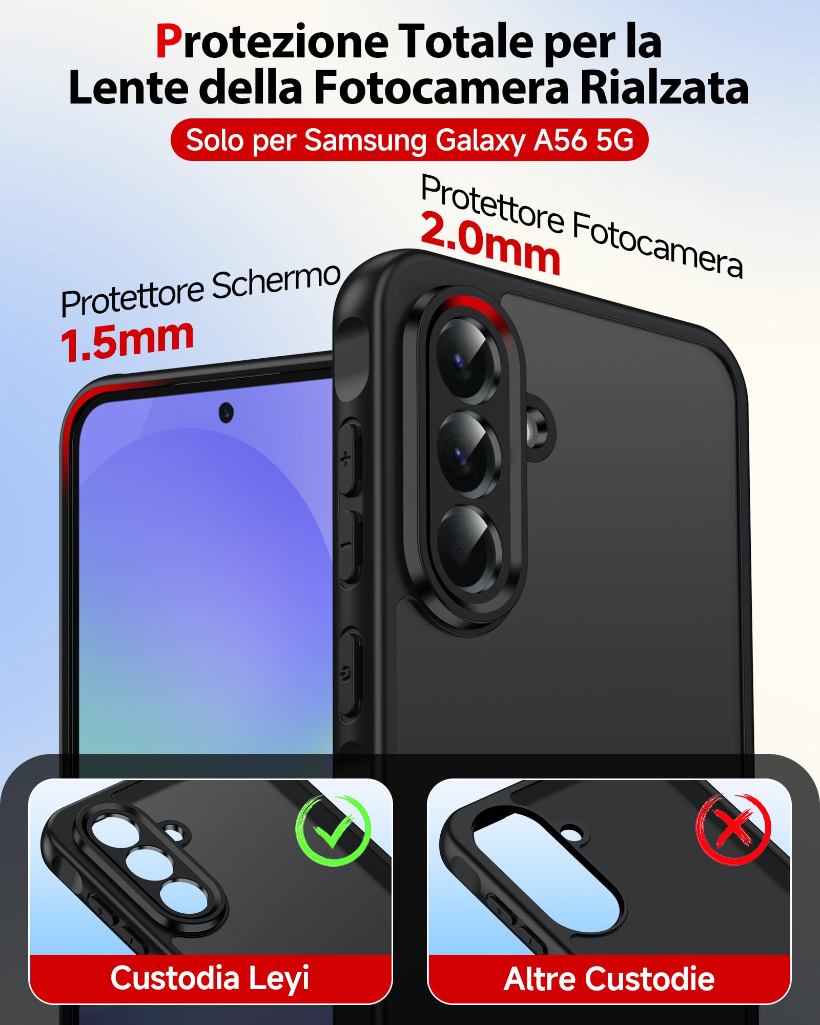 LeYi Cover per Samsung Galaxy A56 5G con 2 Vetro Temperato, Custodia per A 56 Protezione Fotocamera Traslucida Opaca Anti-Impronte Resistente ai Graffi Paraurti in TPU Antiurto Protettiva Case, Nero