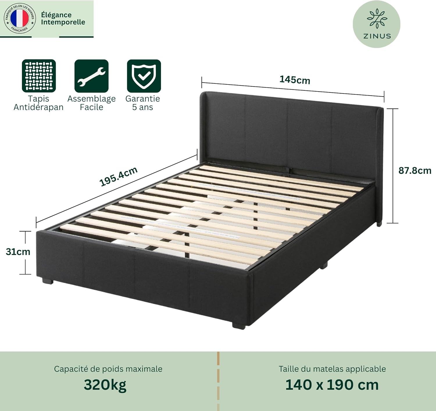 Diagram showing dimensions of the Zinus Maddon Storage Bed: 195.4cm length, 145cm width, 87.8cm headboard height, 31cm frame height. Maximum weight capacity 320kg, applicable mattress size 140x190cm.