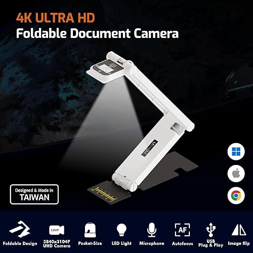Miniatura 2 de INSWAN INS-Flip 4 4K USB Cámara portátil de documentos, cámara web/visualizador, 13MP Ultra HD, diseño plegable, enfoque automático, micrófono, LED
