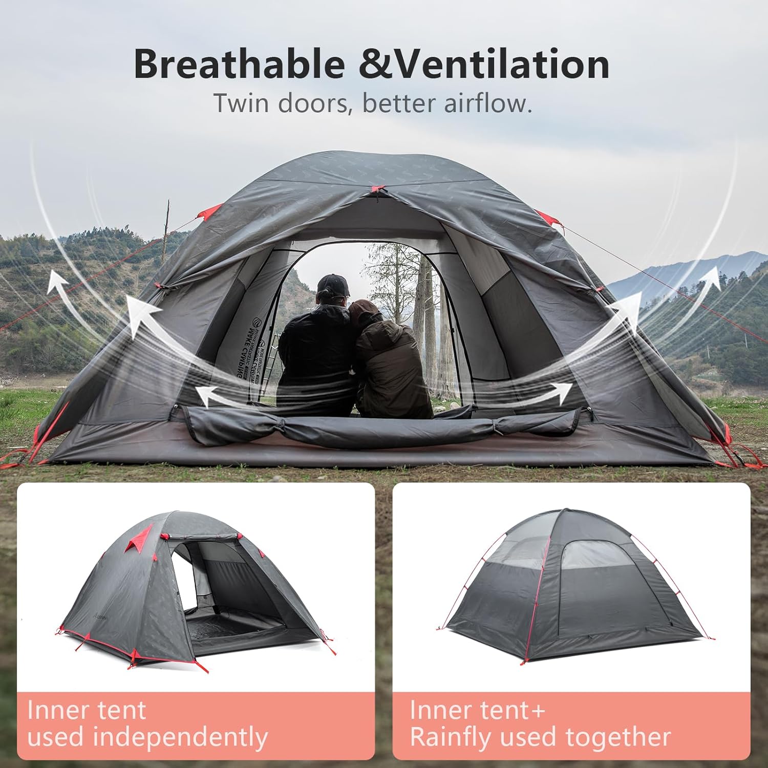 BISINNA Lightweight 3 Season Camping Tent for 2/2.5/3 Person, Waterproof UPF40+ Backpacking Tent with Double Layer Ventilation, Easy Setup for Family Camping, Hiking, Outdoor Adventures