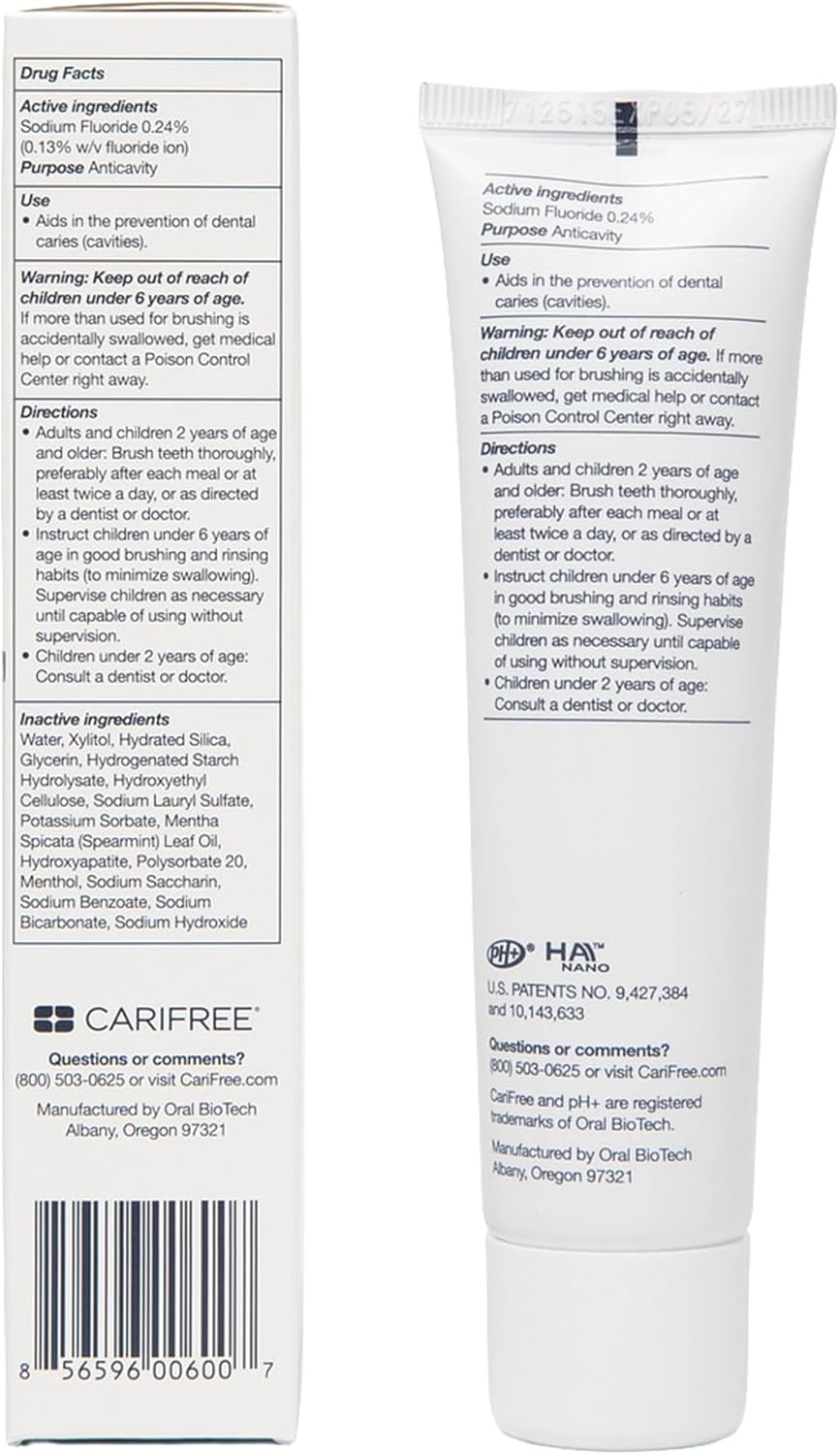 CariFree Gel 1100, Mint Flavored, Anti-Cavity Fluoride Toothpaste with Nano Hydroxyapatite for pH Neutralization, Enamel Protection, Dentist Recommended for Kids and Adults (Pack of 4)