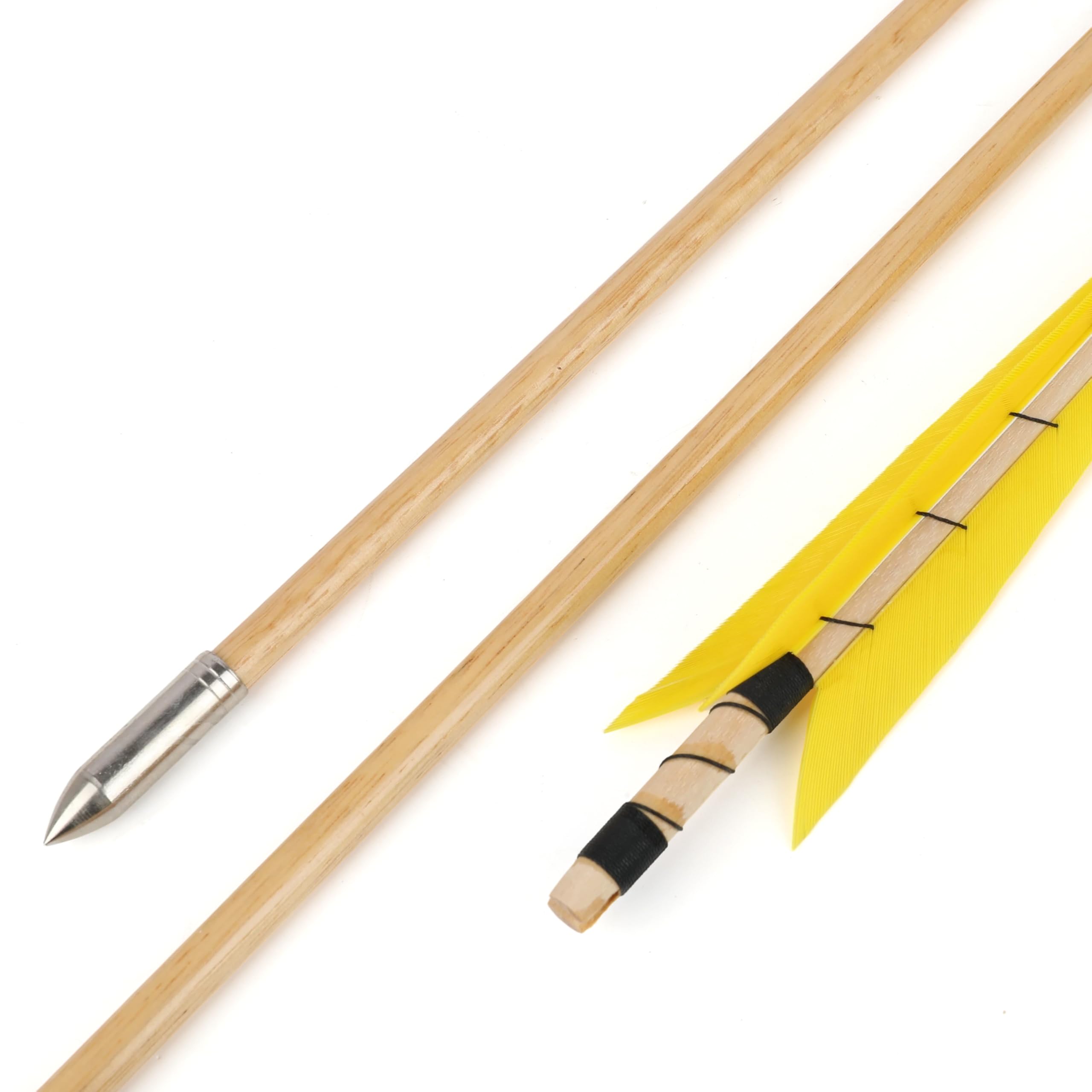 SHARROW 6/12pcs Tir à l'arc Flèches de Bois Flèches de Chasse Traditionnelles Arbre de Flèche en Bois avec 5" Plumes Naturelles Métal Pointe de Flèche