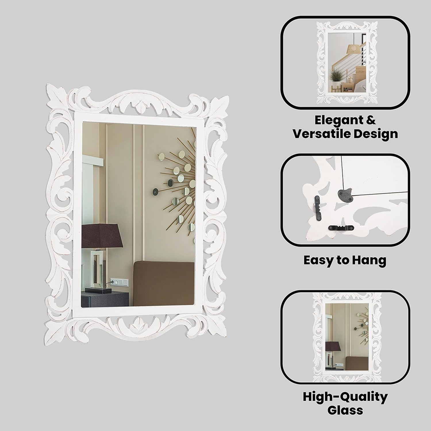 White Antique Carved Wall Mirror, MDF Wood Frame with Ornate Design - Decorative Accent for Living Room, Bedroom, and Hallway - 18x24 Inch