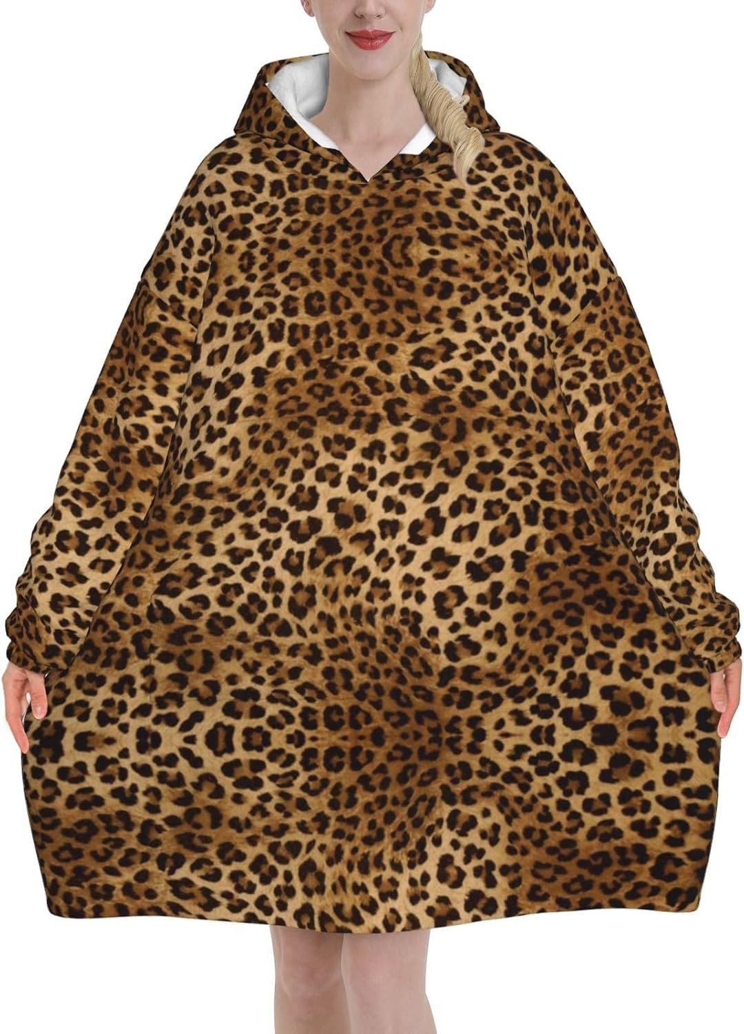 MUSM Cute Leopard Print Blanket Hoodie Fleece Sweatshirt Blanket With Sleeves And Pockets