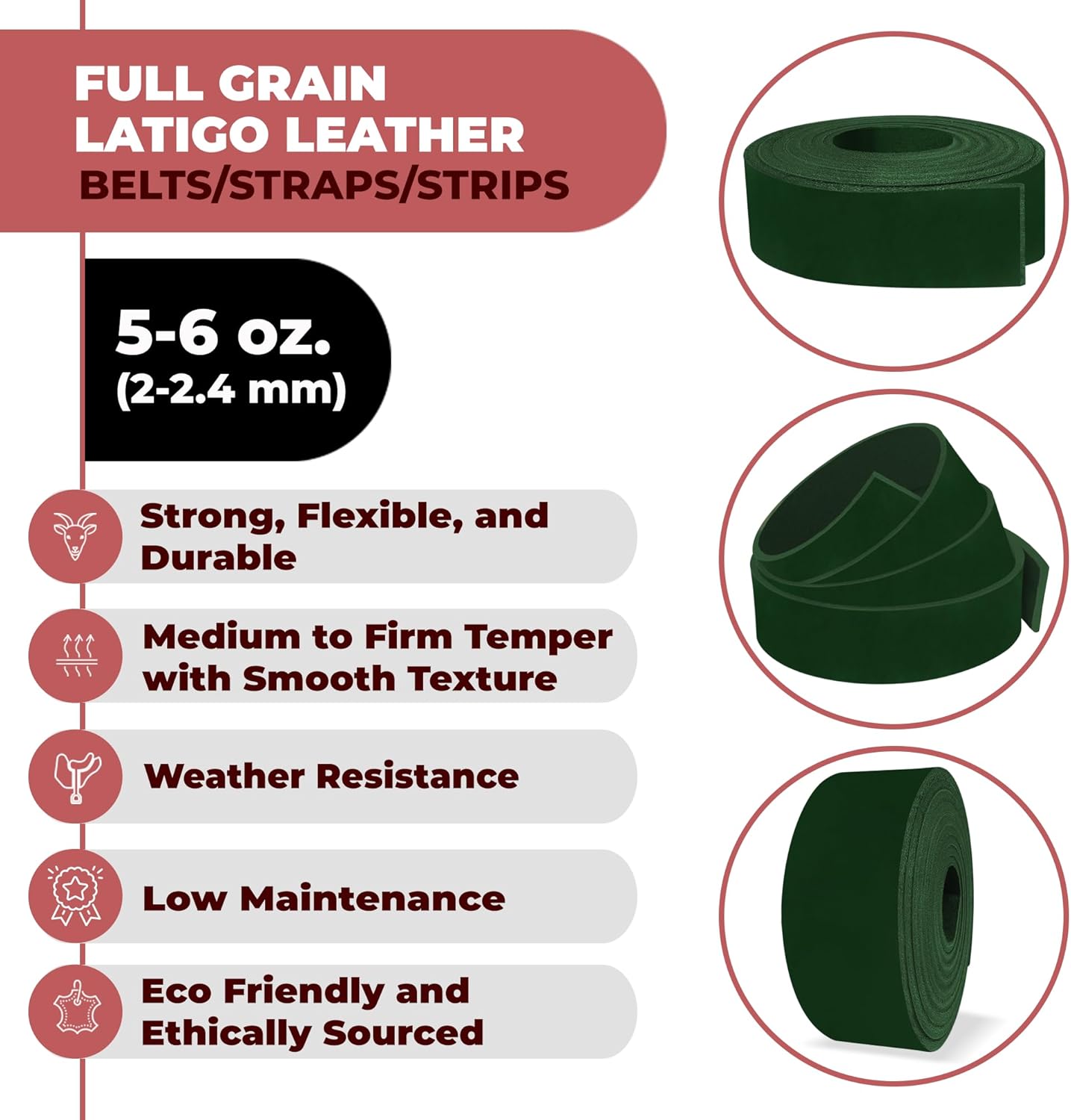 ELW 5-6 oz (2-2.4mm) Latigo Leather Belt Grade Straps | Size: 1.5"x50" (3.8x127cm) | Forest Green | Full Grain Cowhide, Heavy Duty Holsters, Sheathes, Harness, Saddle, Guitar Straps, Crafts