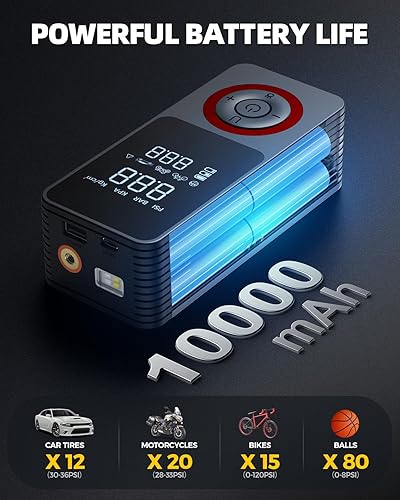 Miniatura 4 de Inflador de neumáticos inalámbrico Compresor de aire portátil, bomba de aire de 150 PSI con batería recargable, medidor de presión de neumáticos,