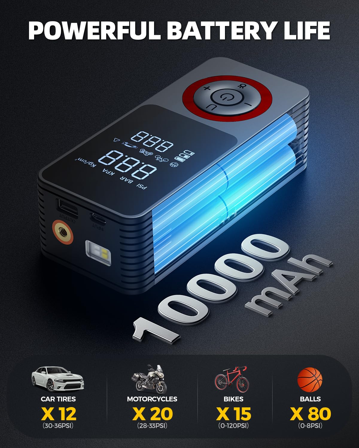 Inflador de neumáticos, compresor de aire portátil, bomba de aire inteligente para neumáticos de coche con 3 modos de luz, medidor de presión digital, adaptador de corriente de coche de 12 V, caja de
