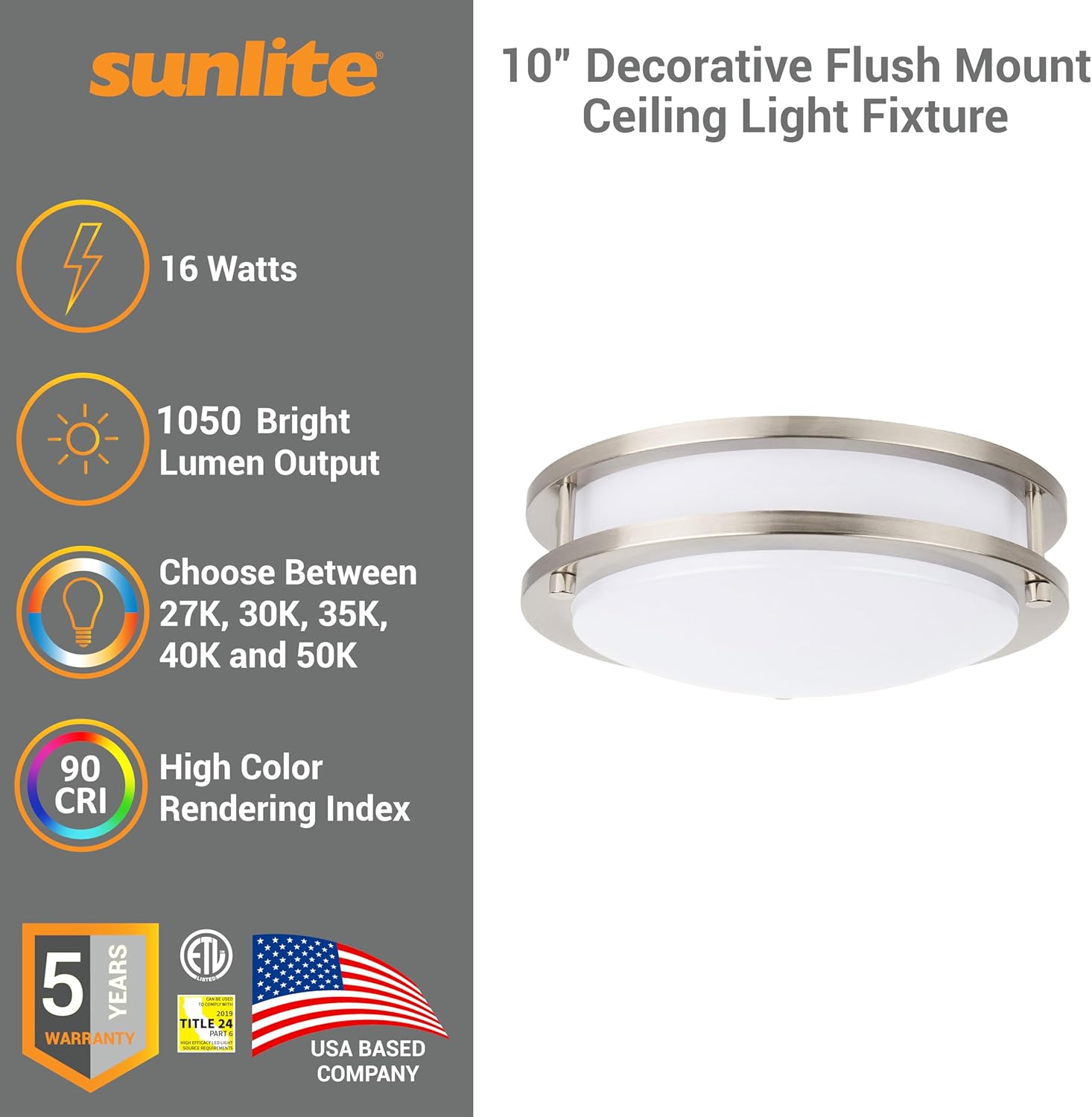 Sunlite 10” Decorative Flush Mount Ceiling Light Fixture, 16 Watts, 1050 Lumens, Color Selectable 27K/30K/35K/40K/50K, Dimmable, 90 CRI, 120 Volts, ETL Listed, Title-24 Compliant